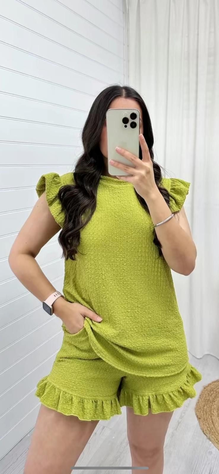 Women's Super Soft Pop Corn Materi Frill Sleeve Short 2PCS Co Ord Loungewear Sets Womenswear