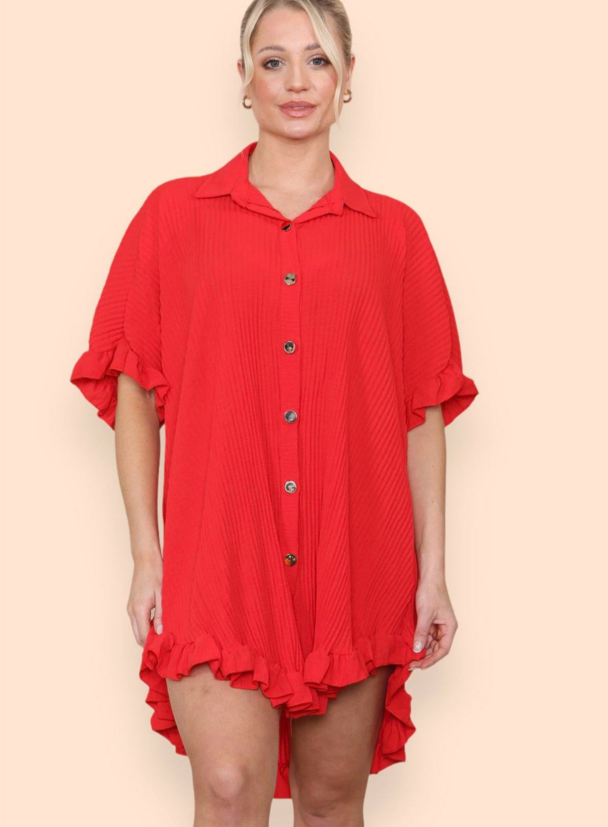 Women's Shirt Dress Pleated Short Sleeve Loose Italian Buttons Plain Detail Summer