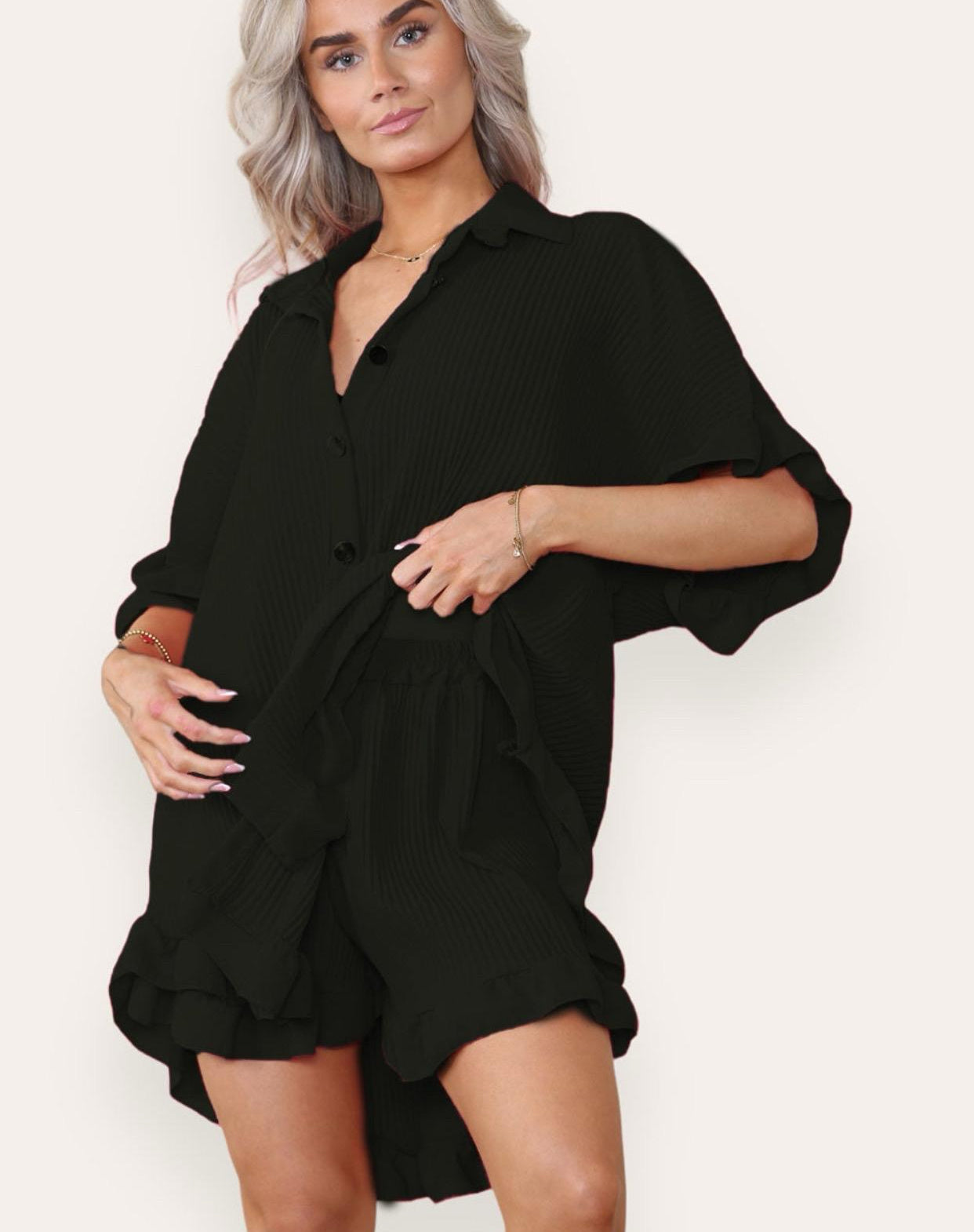 Womens Gold Button Pleated Dress Ladies Frill Collared Shirt Shorts Co ord Set Womenswear