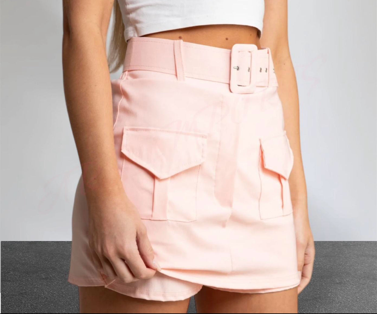 Ladies Cargo High Waisted Summer Belted Two Pockets Mini Shorts Skirts Womenswear