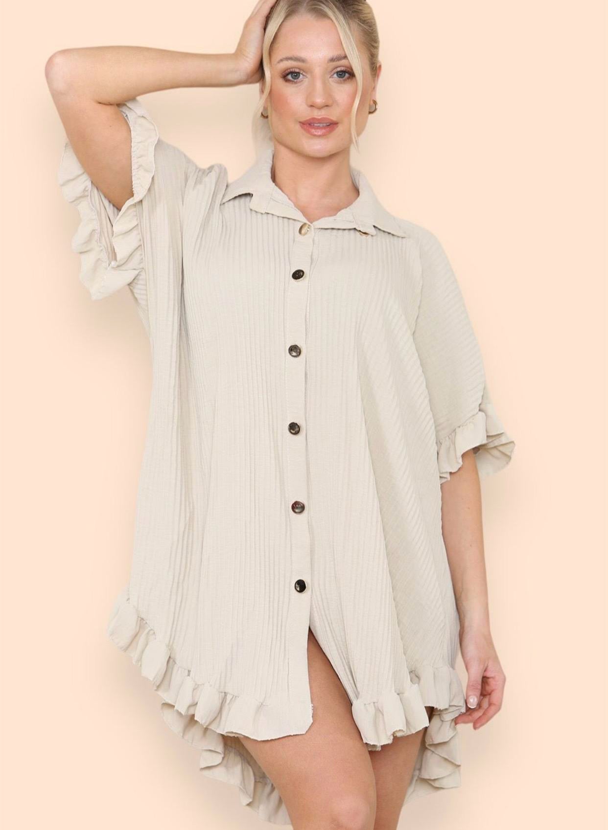 Women's Shirt Dress Pleated Short Sleeve Loose Italian Buttons Plain Detail Summer