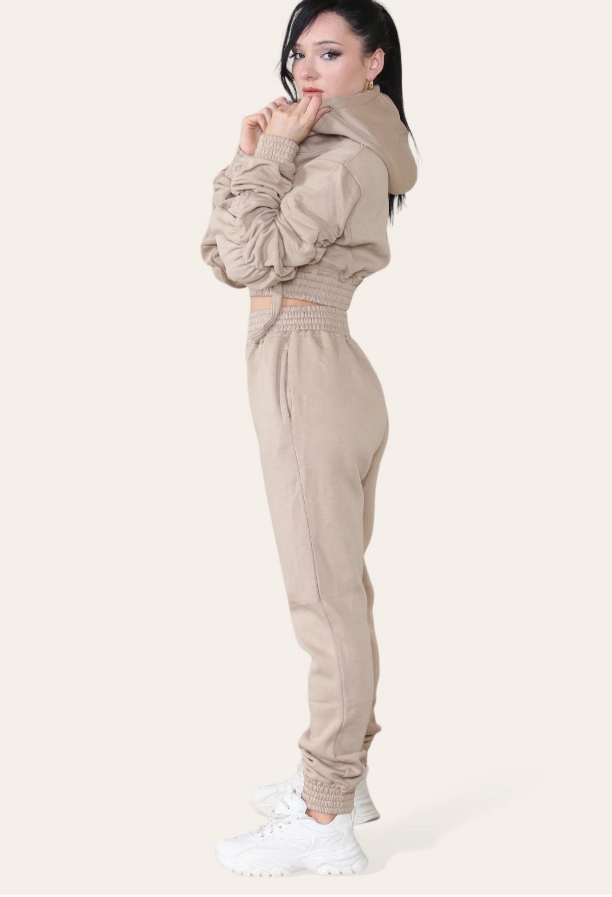 Ruched Sleeves Cropped Hoodie and Cropped Jogger Cuffed Bottom Loungewear Tracksuit Set