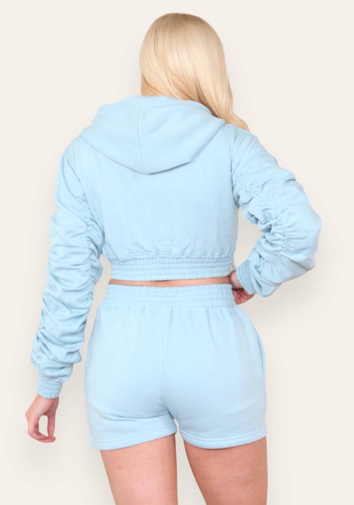 Ruched Sleeves Cropped Zip Up Front Elasticated Hem Hooded & Shorts Fleece Co-Ord Set Womenswear