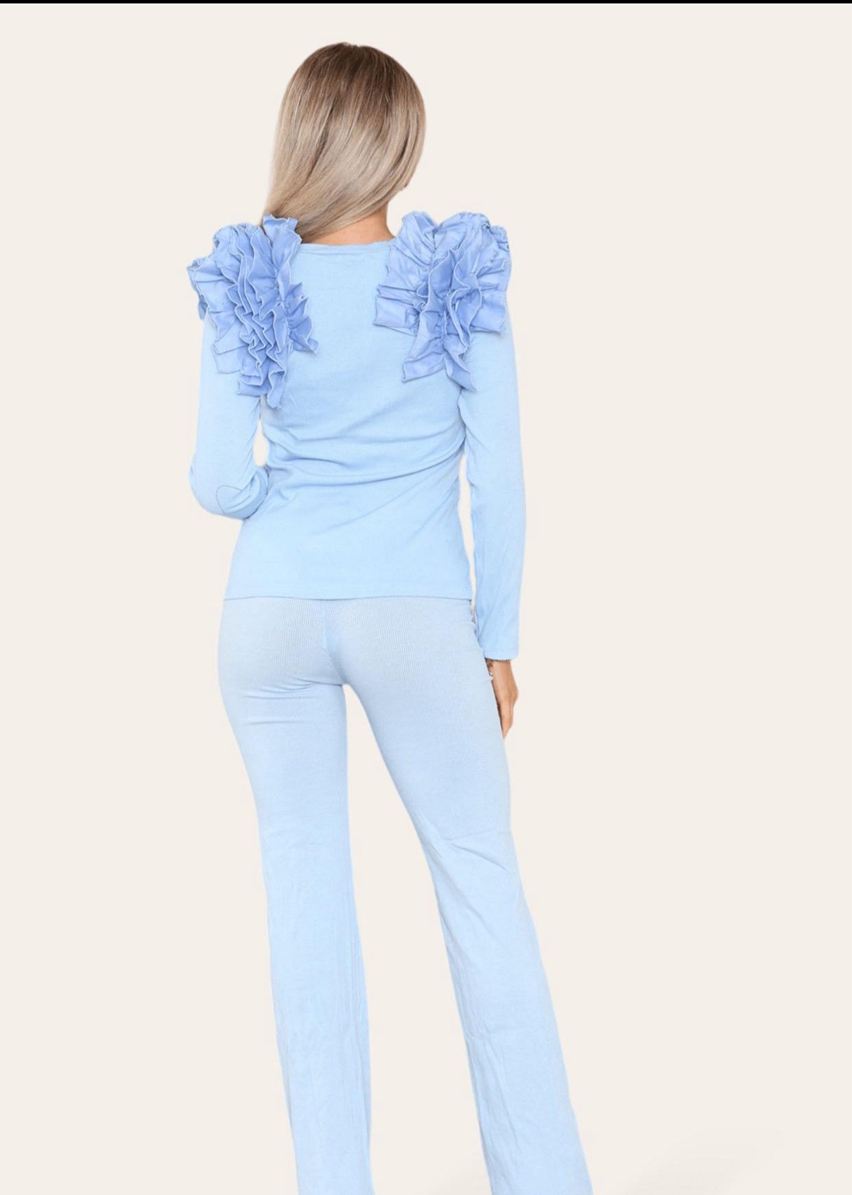 Ruffle Frill Shoulder Ribbed Loungewear Co-Ord Top & Trouser Set Womenswear