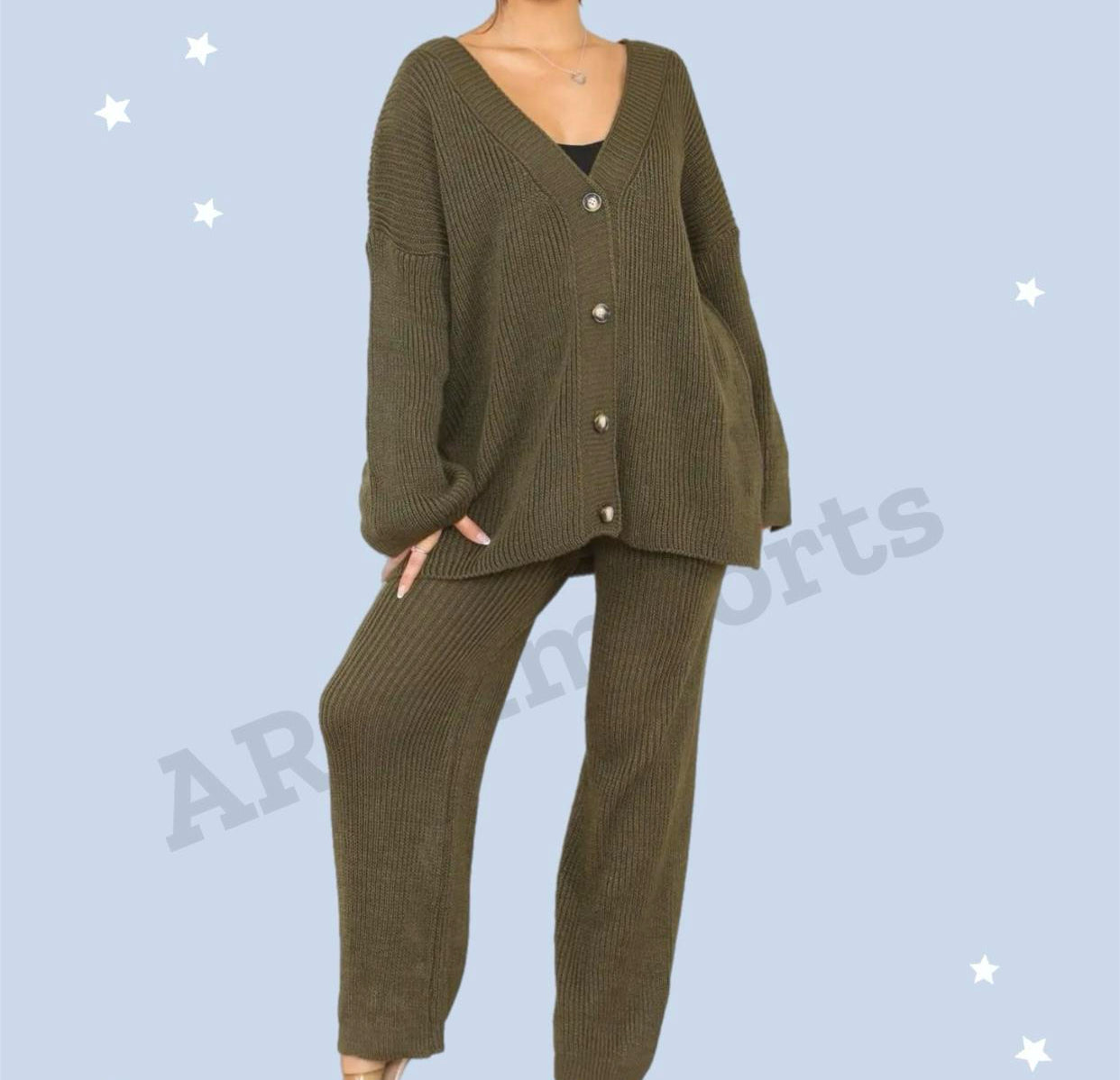 Ladies Rib Knitted Button Cardigan Palazzo Trousers Suit Womens Lounge Wear Set Womenswear