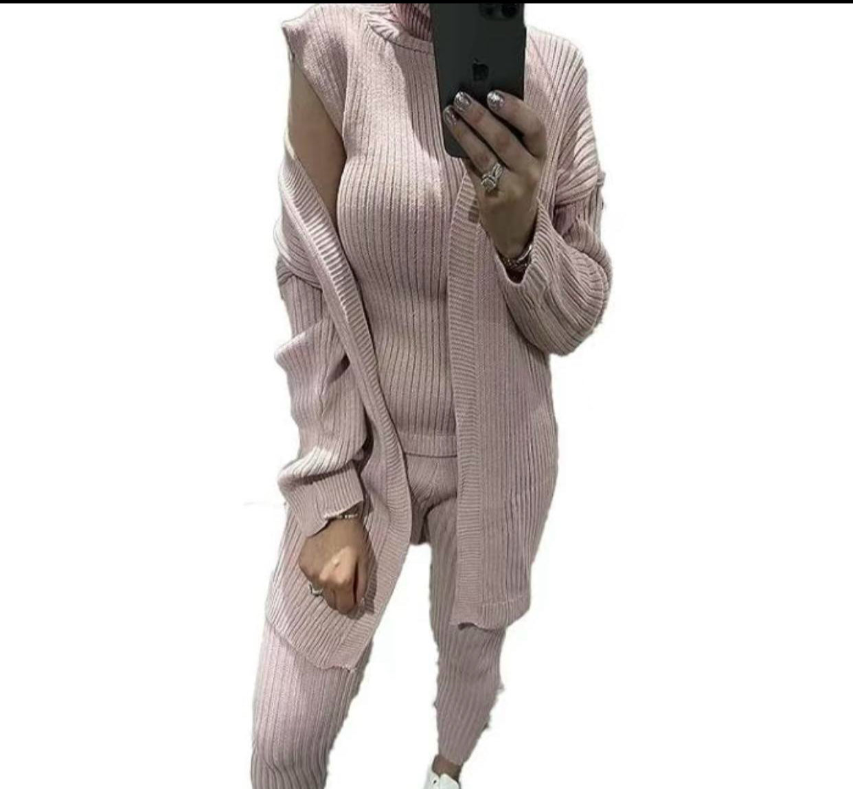 Women's Ladies Long Sleeve Knit 3 Piece Roll Neck Knitted Top Open Cardigan Set Suit Womenswear