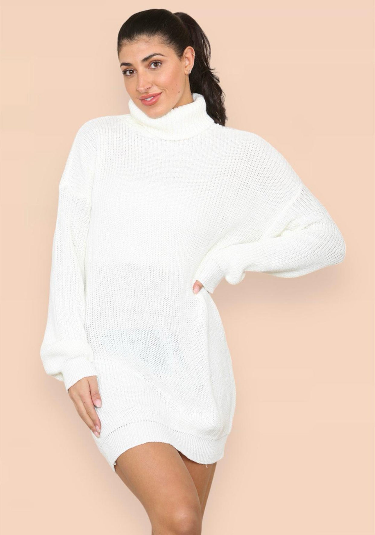 Womens Ladies Chunky Knitted High Polo Roll Over Neck Oversize Jumper Dress Womenswear