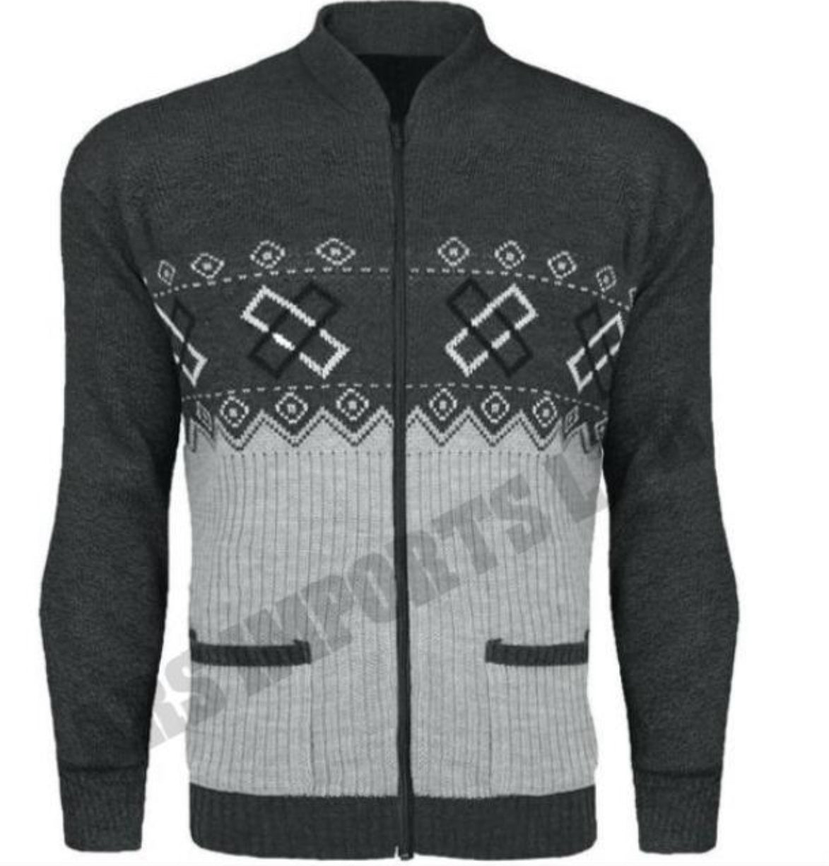 MENS ZIP UP GRANDDAD CARDIGAN CLASSIC ARGYLE KNITWEAR AZTEC TWO FRONT POCKET TOP Menswear Collar Stylish