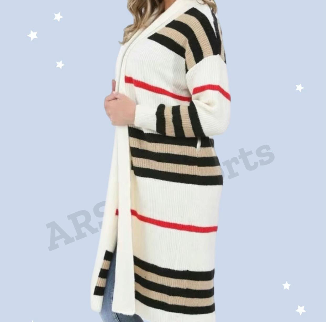 Ladies Womens Long Sleeve Striped Knitted Grandad Maxi Cardigan Knit Sweater ARS Womenswear