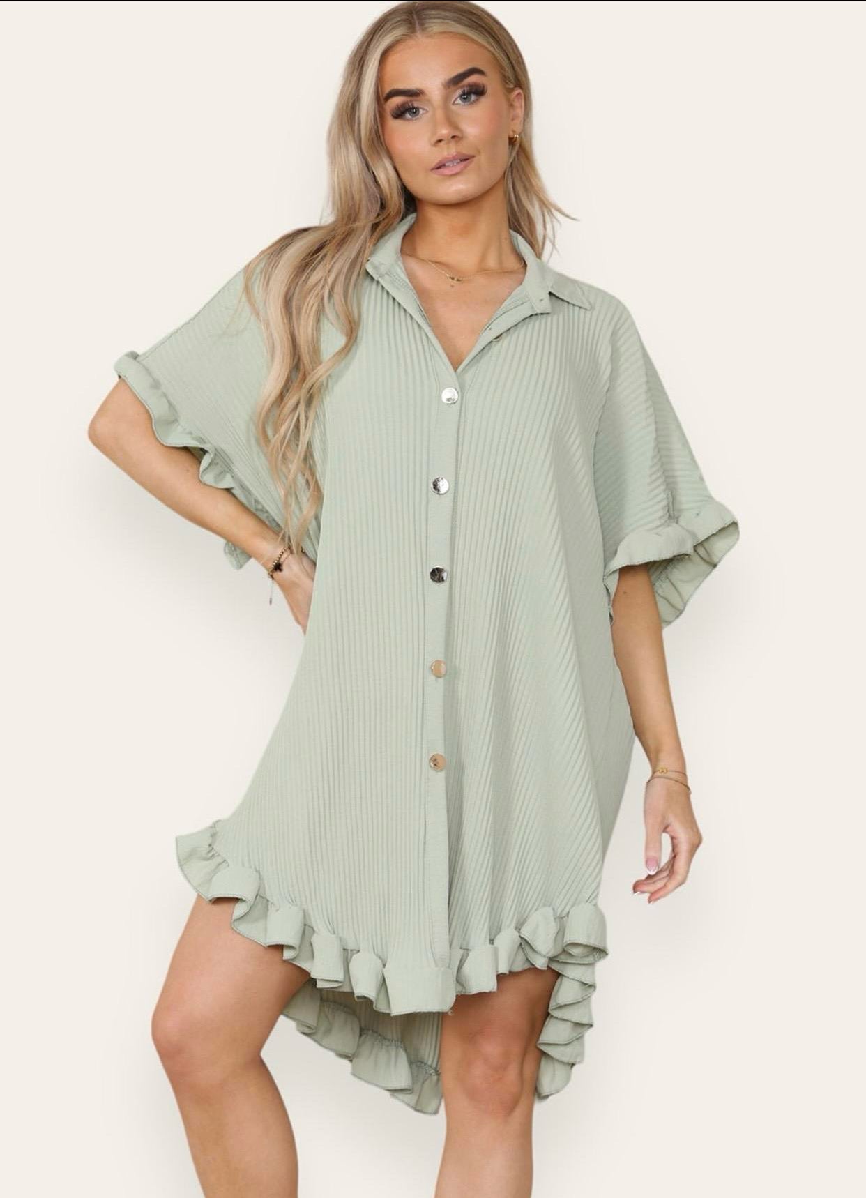 Women's Shirt Dress Pleated Short Sleeve Loose Italian Buttons Plain Detail Summer