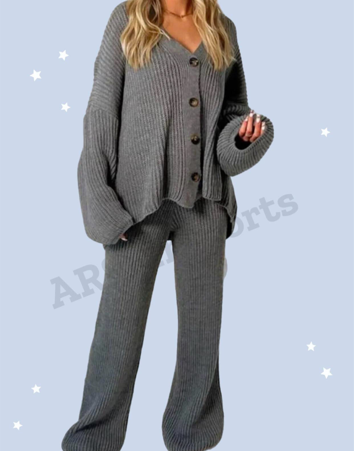 Ladies Rib Knitted Button Cardigan Palazzo Trousers Suit Womens Lounge Wear Set Womenswear