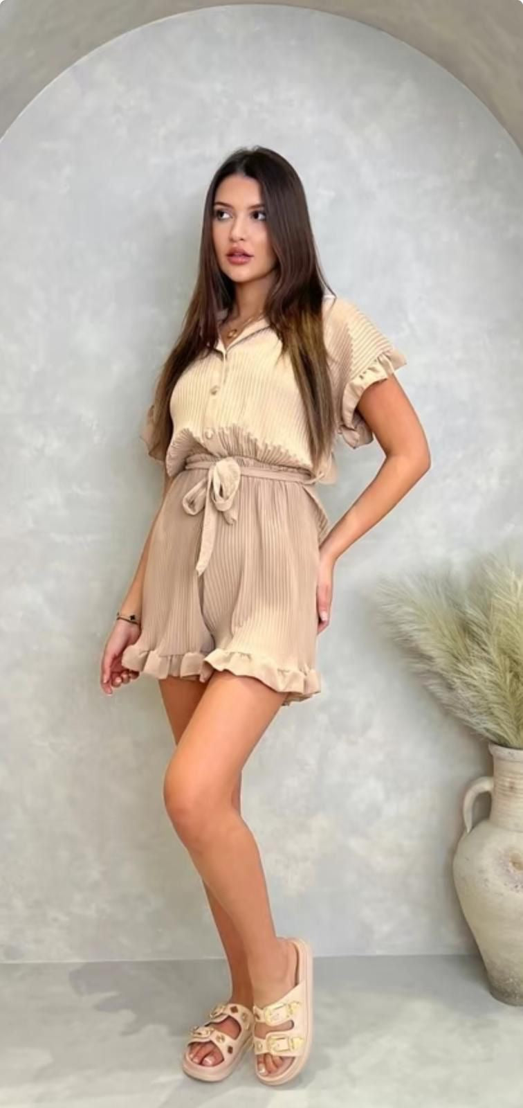 Women's Pleated Gold Button Tie Belted Collared Playsuit