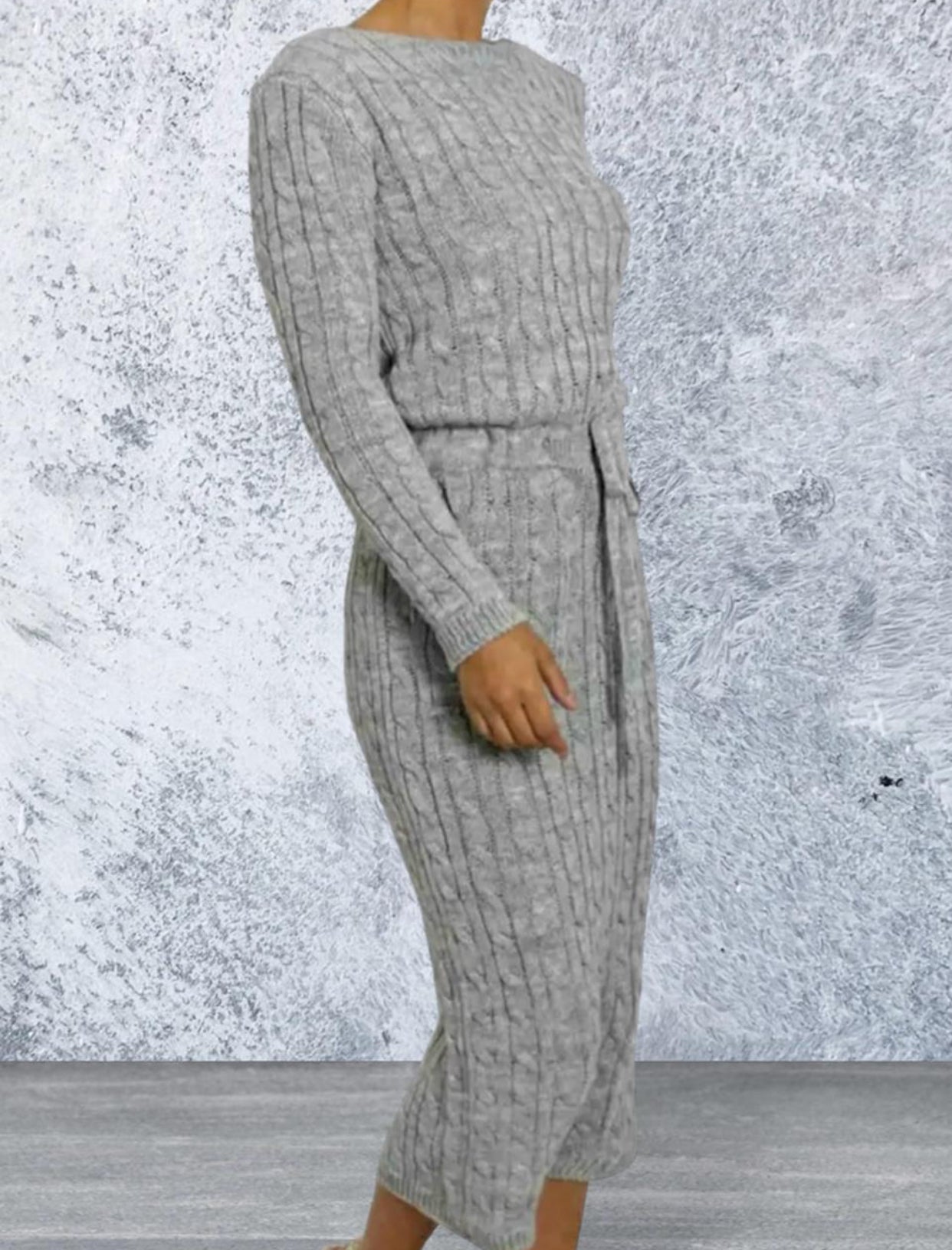 Women Ladies Cable Knitted Pocket Long Sleeve Tie Up Midi Party Jumper Dress Top Comfortable Womenswear Elegant