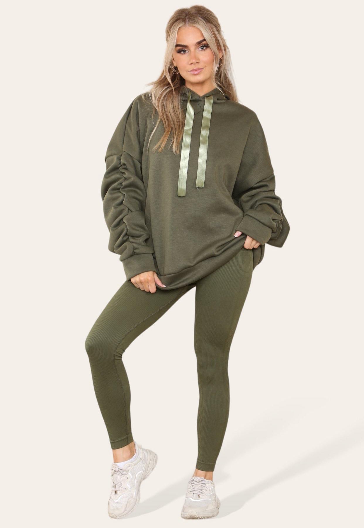 Oversized Ruched Sleeves Hoodie With Satin Ribbon with High Waist High Rise Seamless Ribbed Legging Set