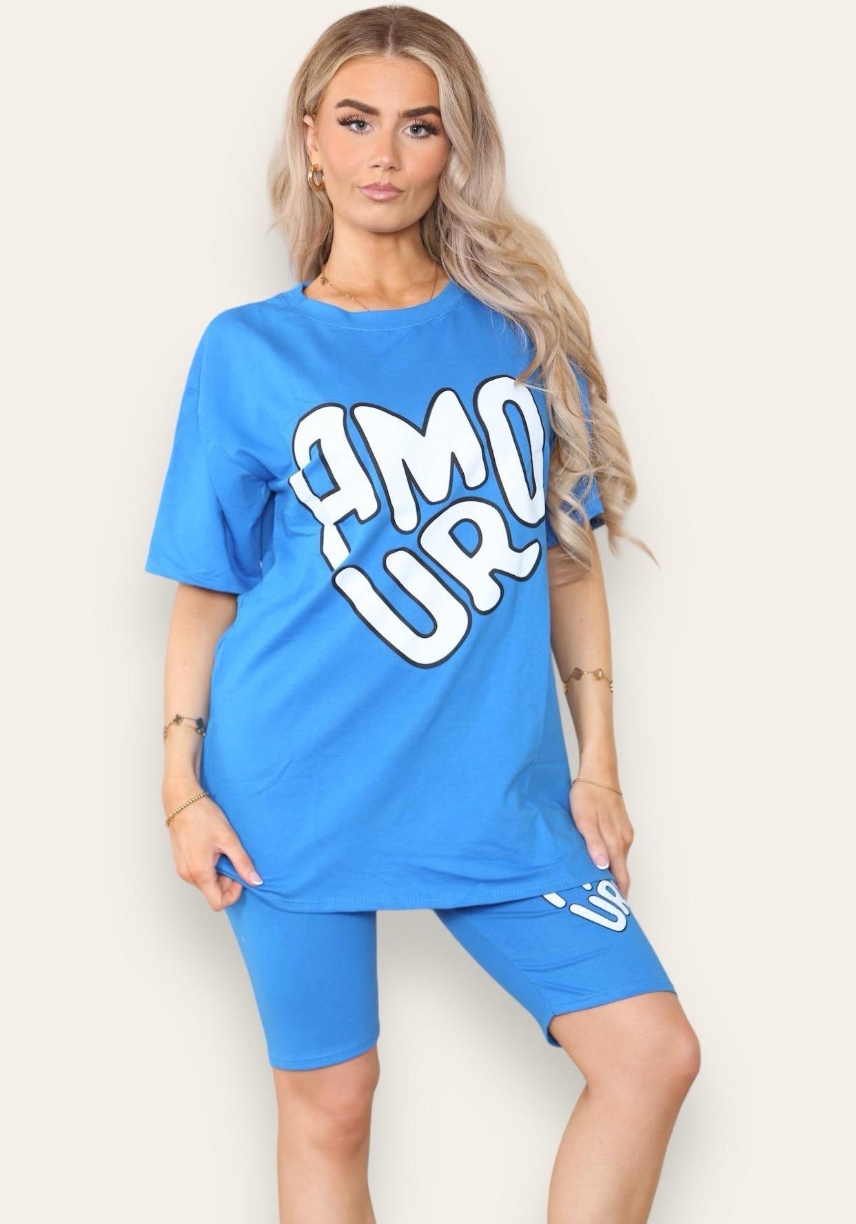 Cycling Short and T-Shirts Co-Ord Two Piece Side Slit Set with Front Printed Slogan