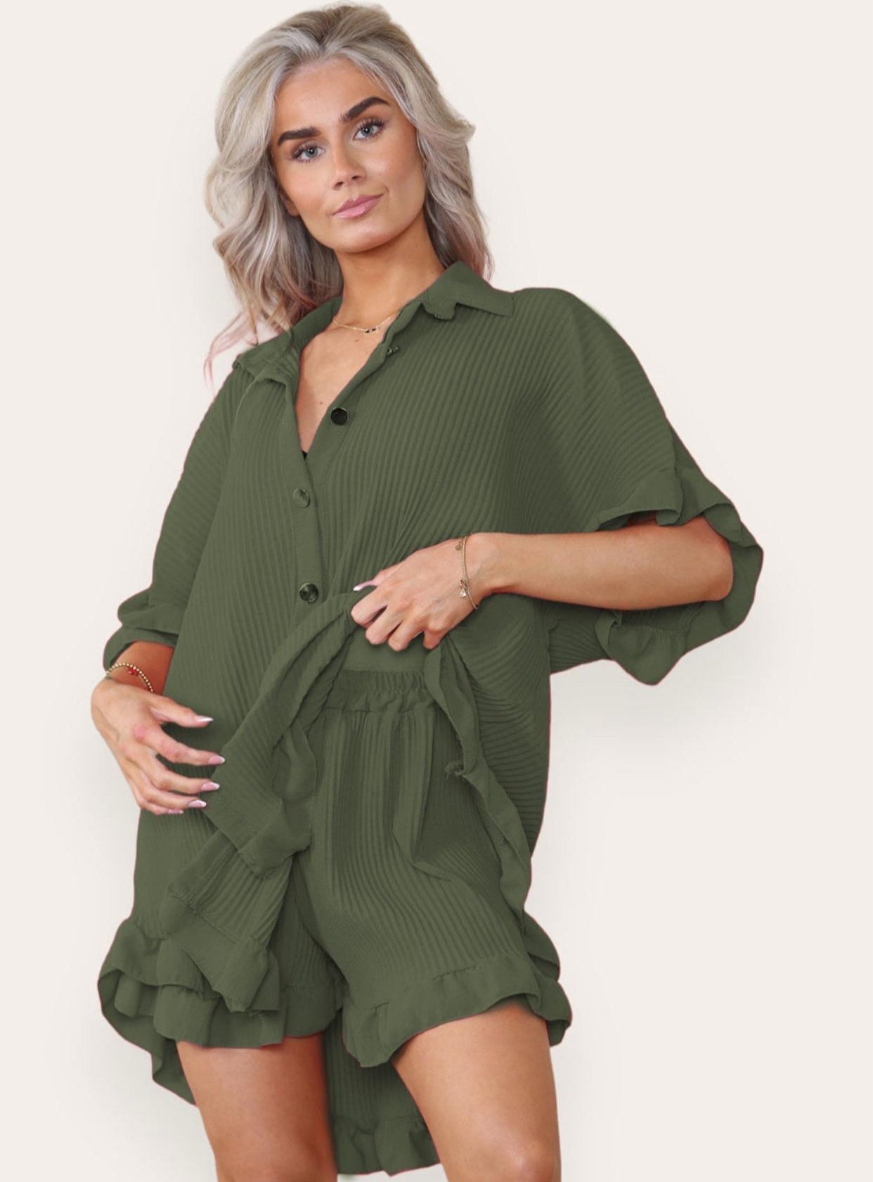 Womens Gold Button Pleated Dress Ladies Frill Collared Shirt Shorts Co ord Set Womenswear