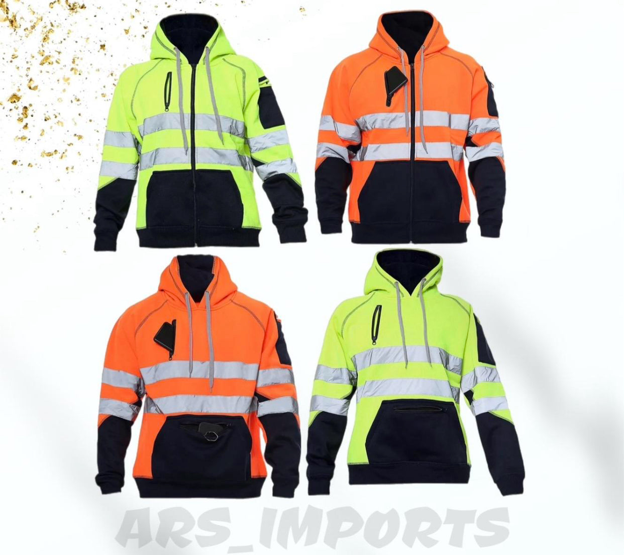 Hi Viz Vis High Visibility Jacket 3 Zips Hoodie Work Zip Hooded Top SweatShirts Workwear