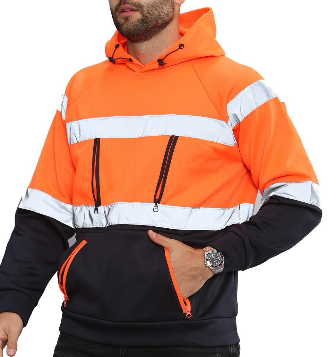Hi Viz Vis High Visibility Hoodie Jacket Work 4 Zip Hooded SweatShirt Fleece Top Menswear