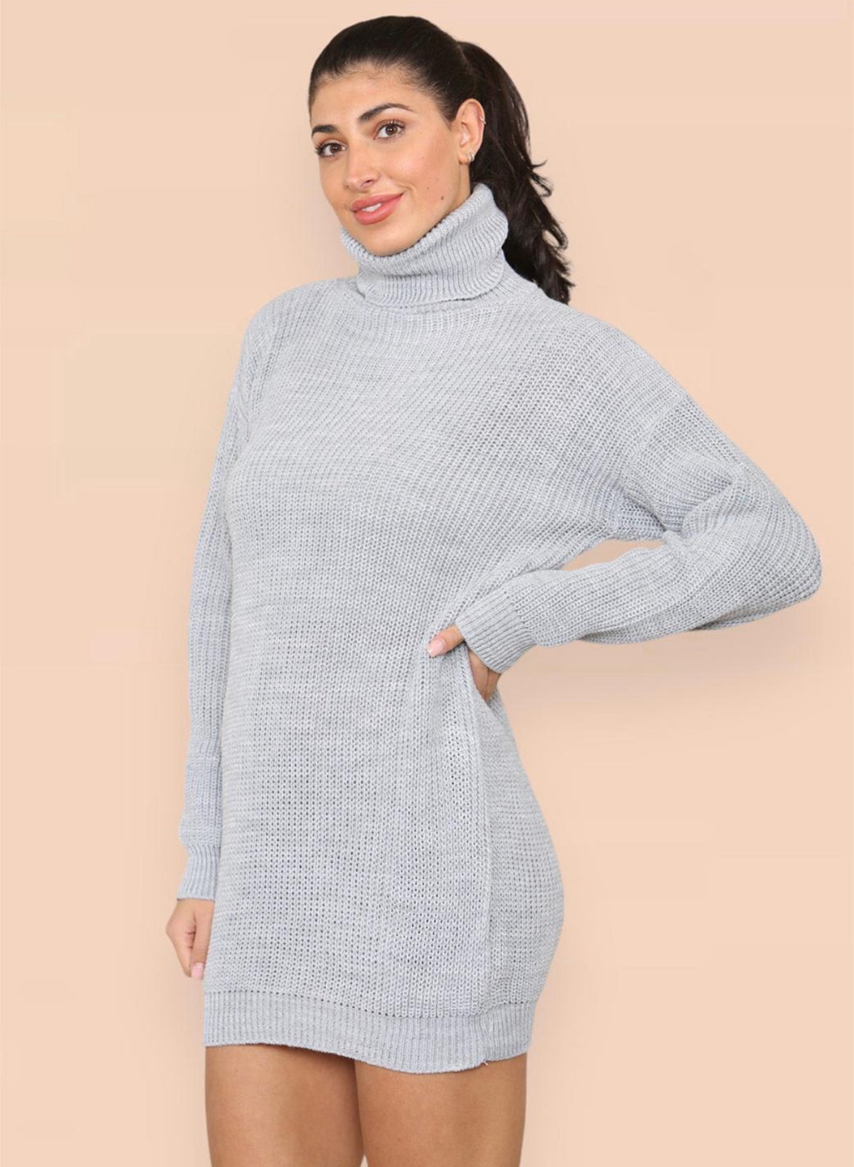 Womens Ladies Chunky Knitted High Polo Roll Over Neck Oversize Jumper Dress Womenswear