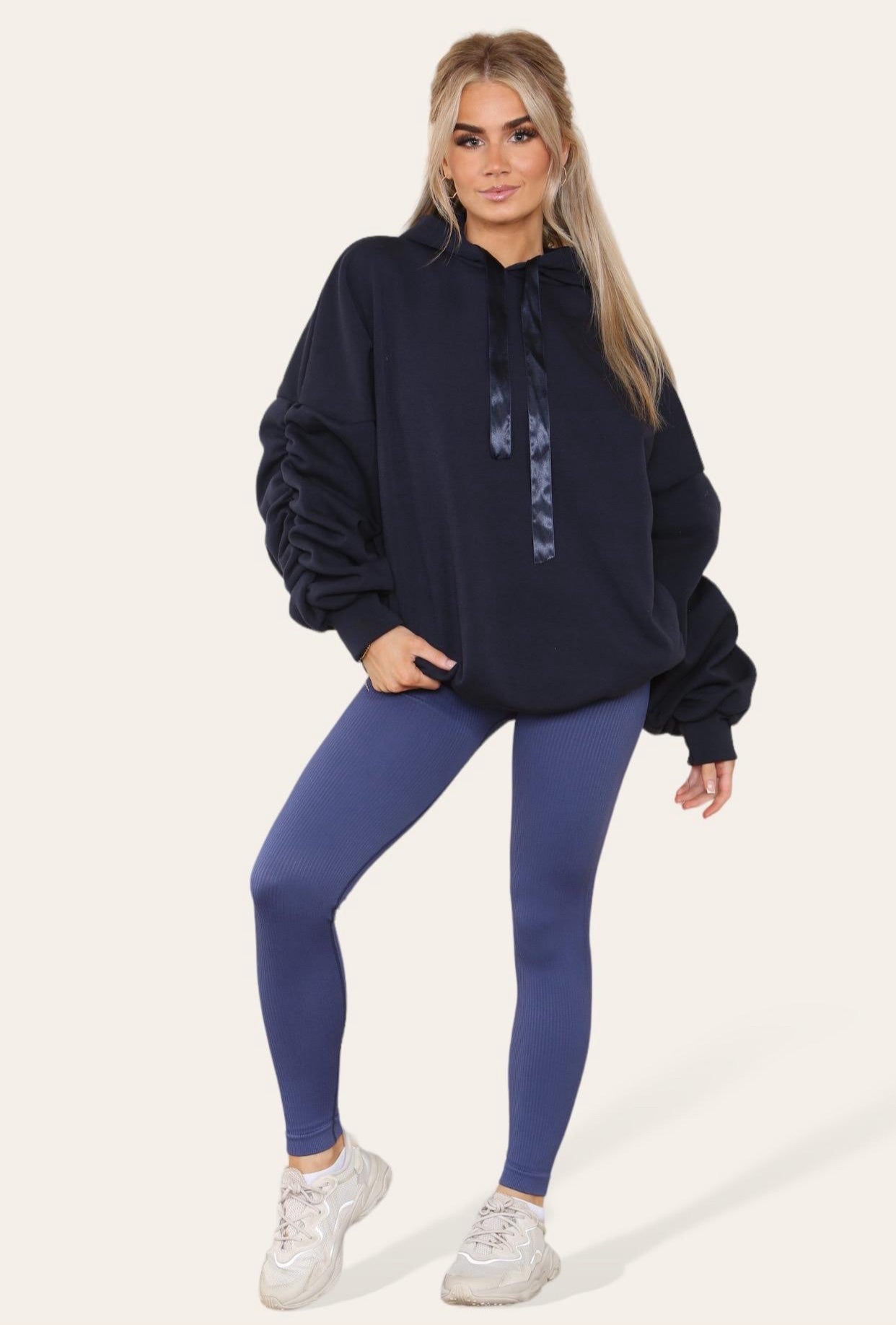 Oversized Ruched Sleeves Hoodie With Satin Ribbon with High Waist High Rise Seamless Ribbed Legging Set