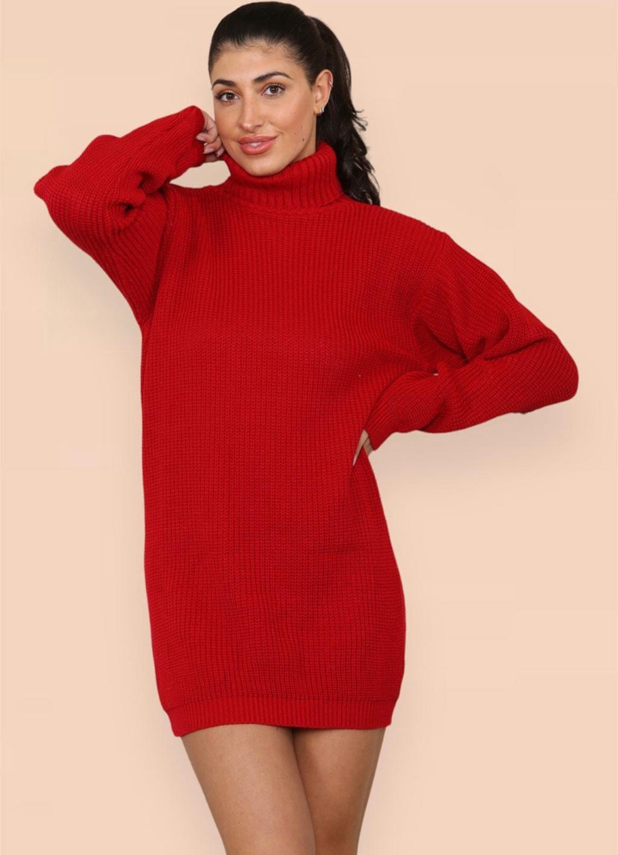 Womens Ladies Chunky Knitted High Polo Roll Over Neck Oversize Jumper Dress Womenswear