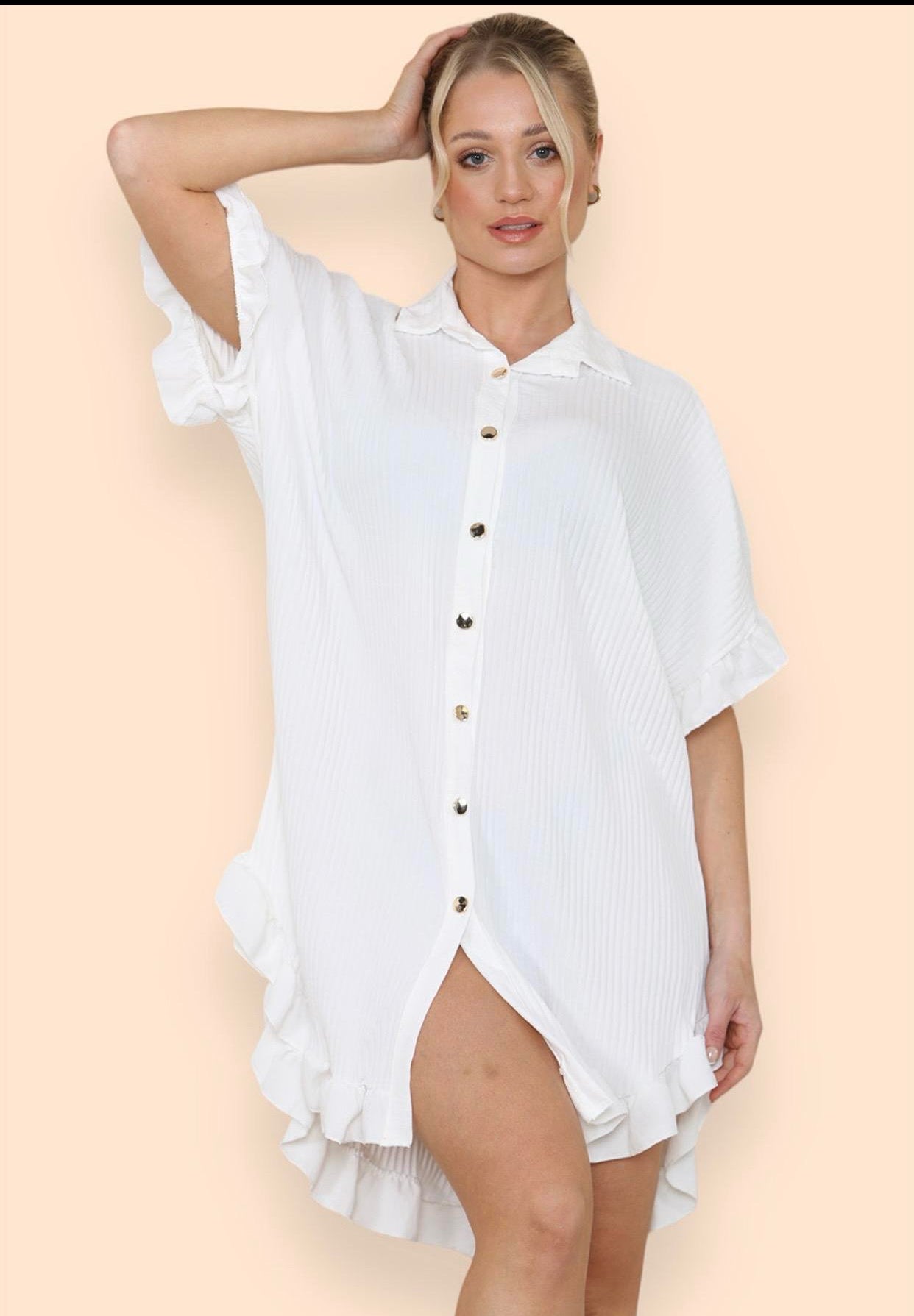 Women's Shirt Dress Pleated Short Sleeve Loose Italian Buttons Plain Detail Summer