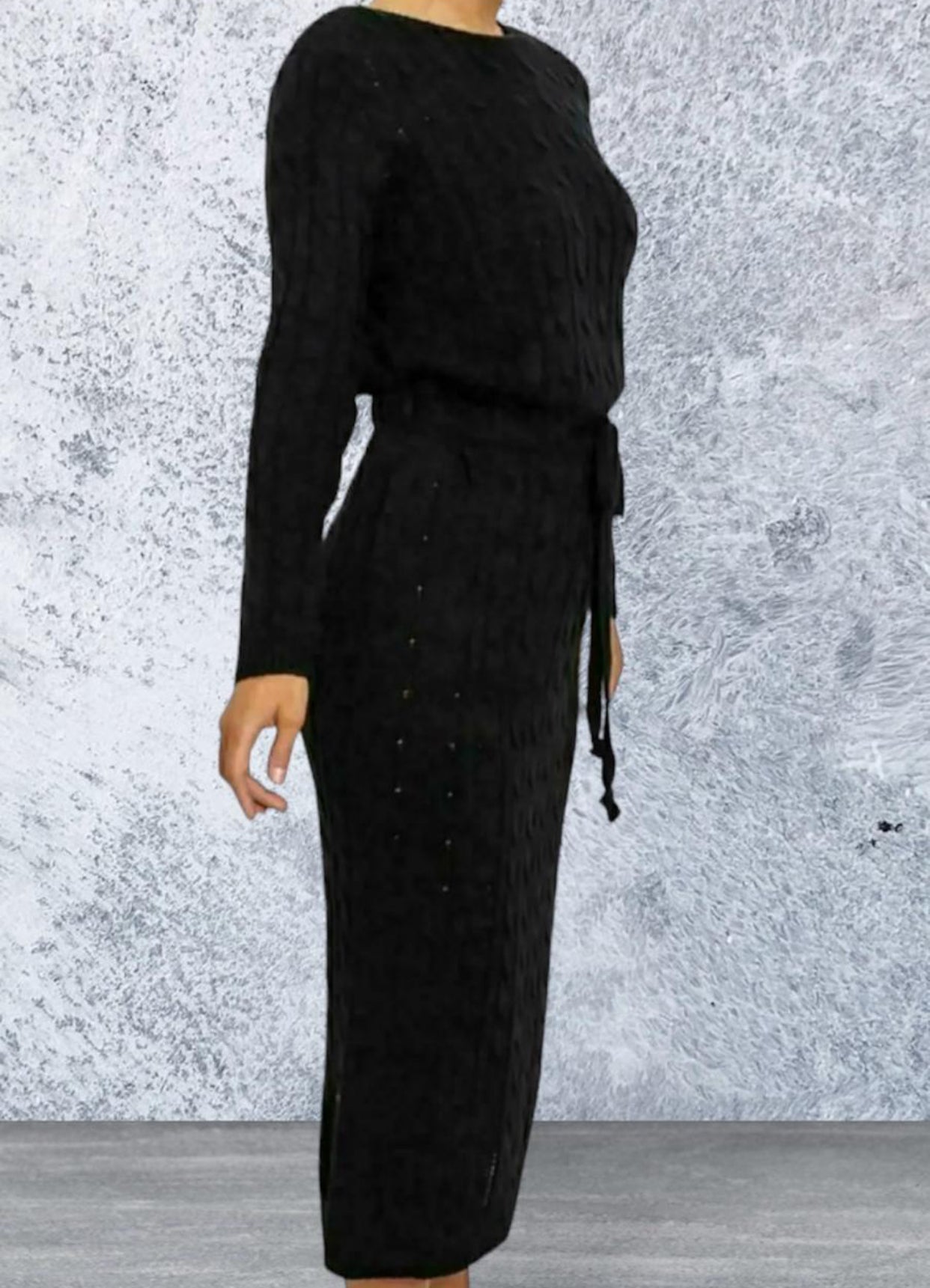 Women Ladies Cable Knitted Pocket Long Sleeve Tie Up Midi Party Jumper Dress Top Comfortable Womenswear Elegant