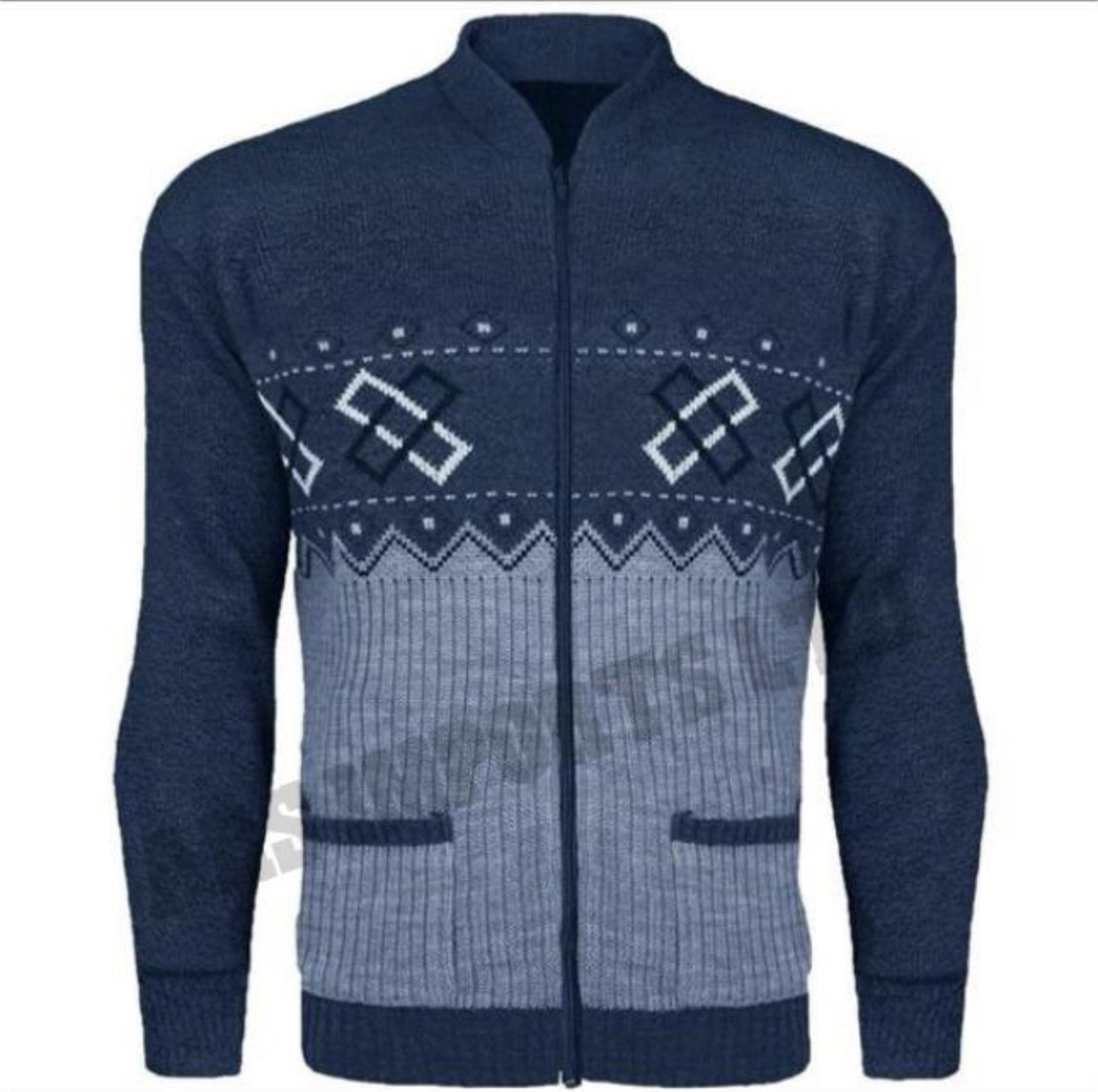 MENS ZIP UP GRANDDAD CARDIGAN CLASSIC ARGYLE KNITWEAR AZTEC TWO FRONT POCKET TOP Menswear Collar Stylish