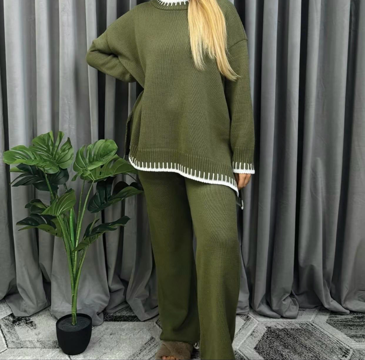 Womens Knitted Lounge Wear Ladies Wide Leg Palazzo Top Trousers Tracksuit Set Womenswear Comfortable Essential Long Sleeve Crew Neck