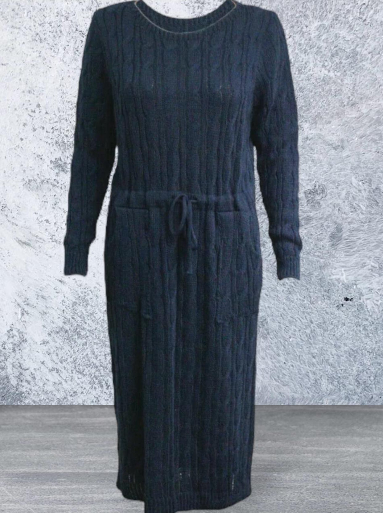 Women Ladies Cable Knitted Pocket Long Sleeve Tie Up Midi Party Jumper Dress Top Comfortable Womenswear Elegant