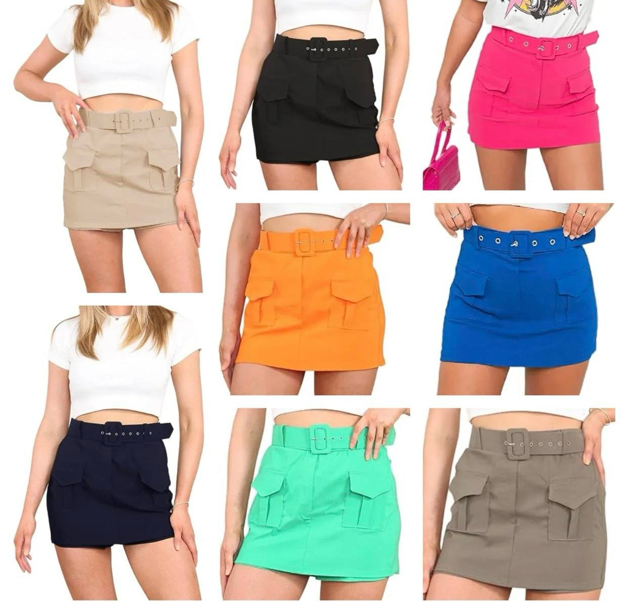 Ladies Cargo High Waisted Summer Belted Two Pockets Mini Shorts Skirts Womenswear