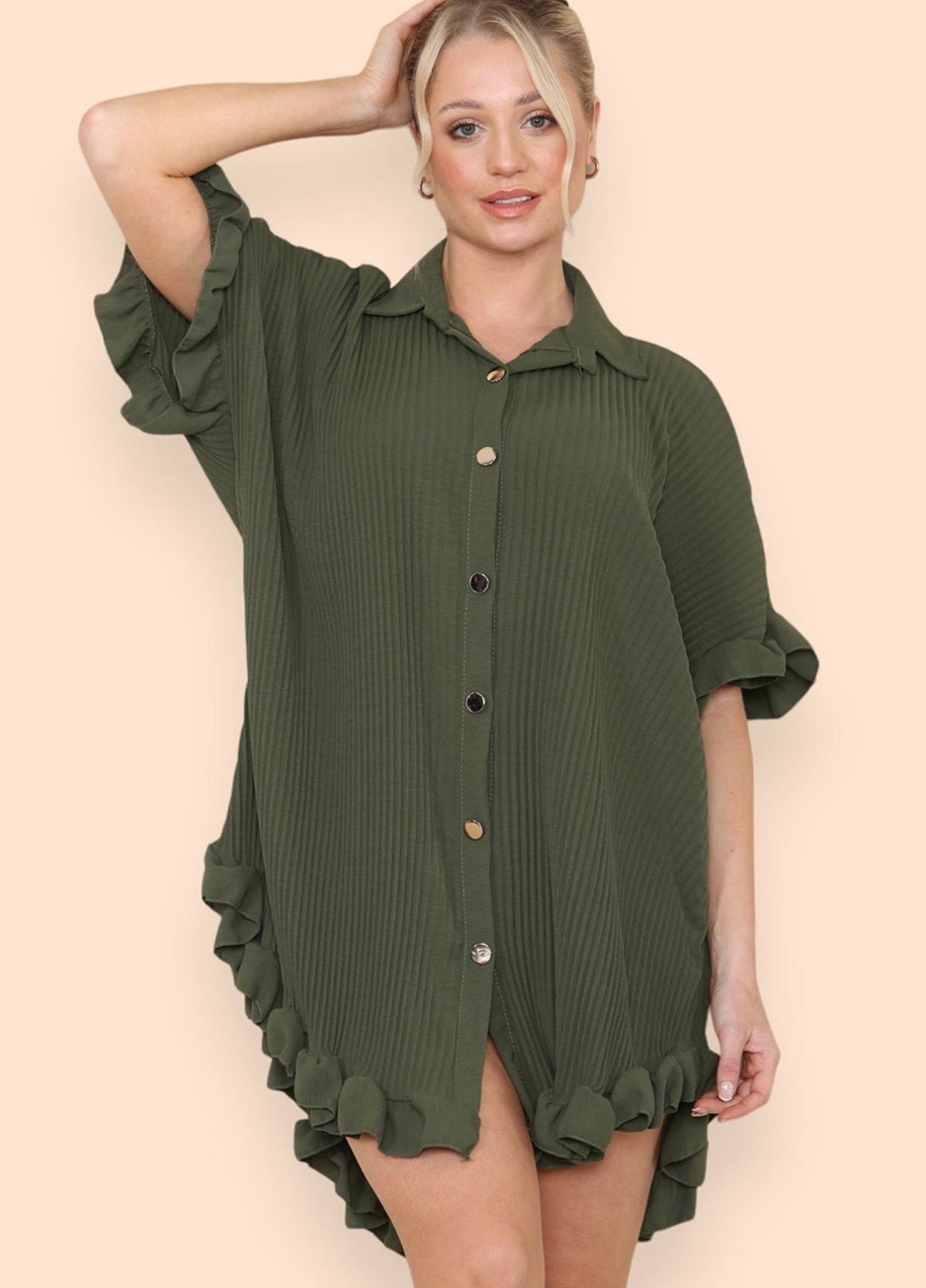 Women's Shirt Dress Pleated Short Sleeve Loose Italian Buttons Plain Detail Summer