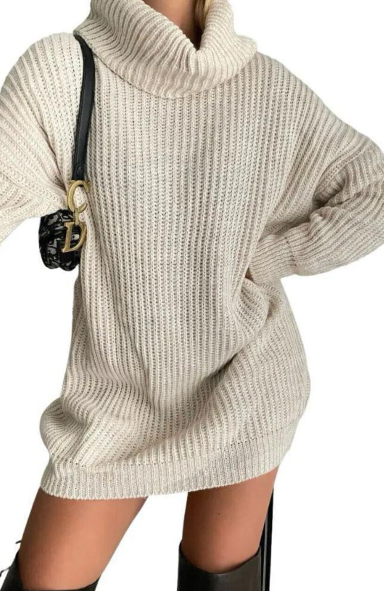 Womens Ladies Chunky Knitted High Polo Roll Over Neck Oversize Jumper Dress Womenswear