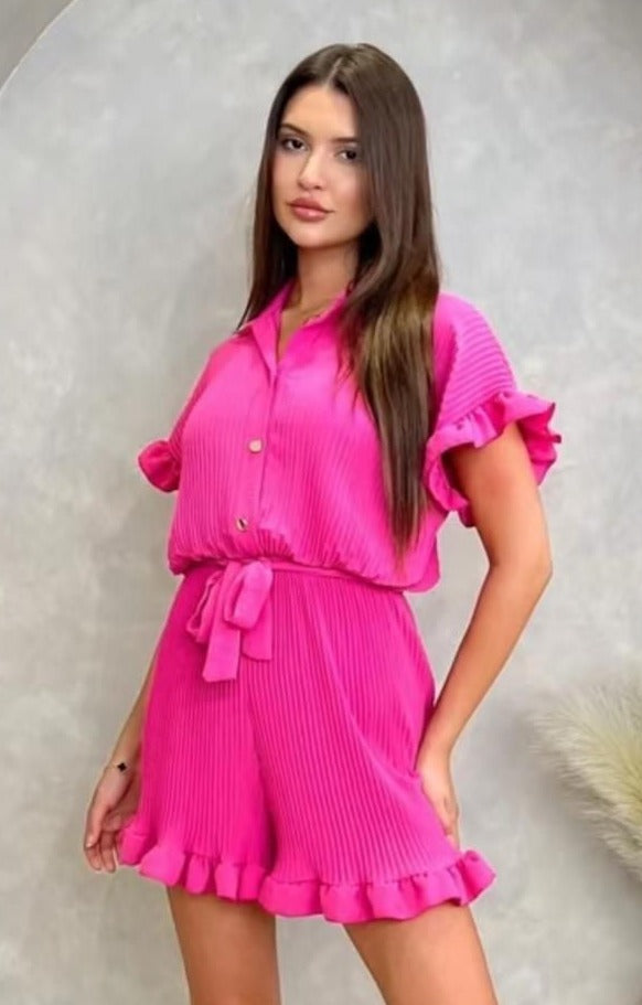Women's Pleated Gold Button Tie Belted Collared Playsuit