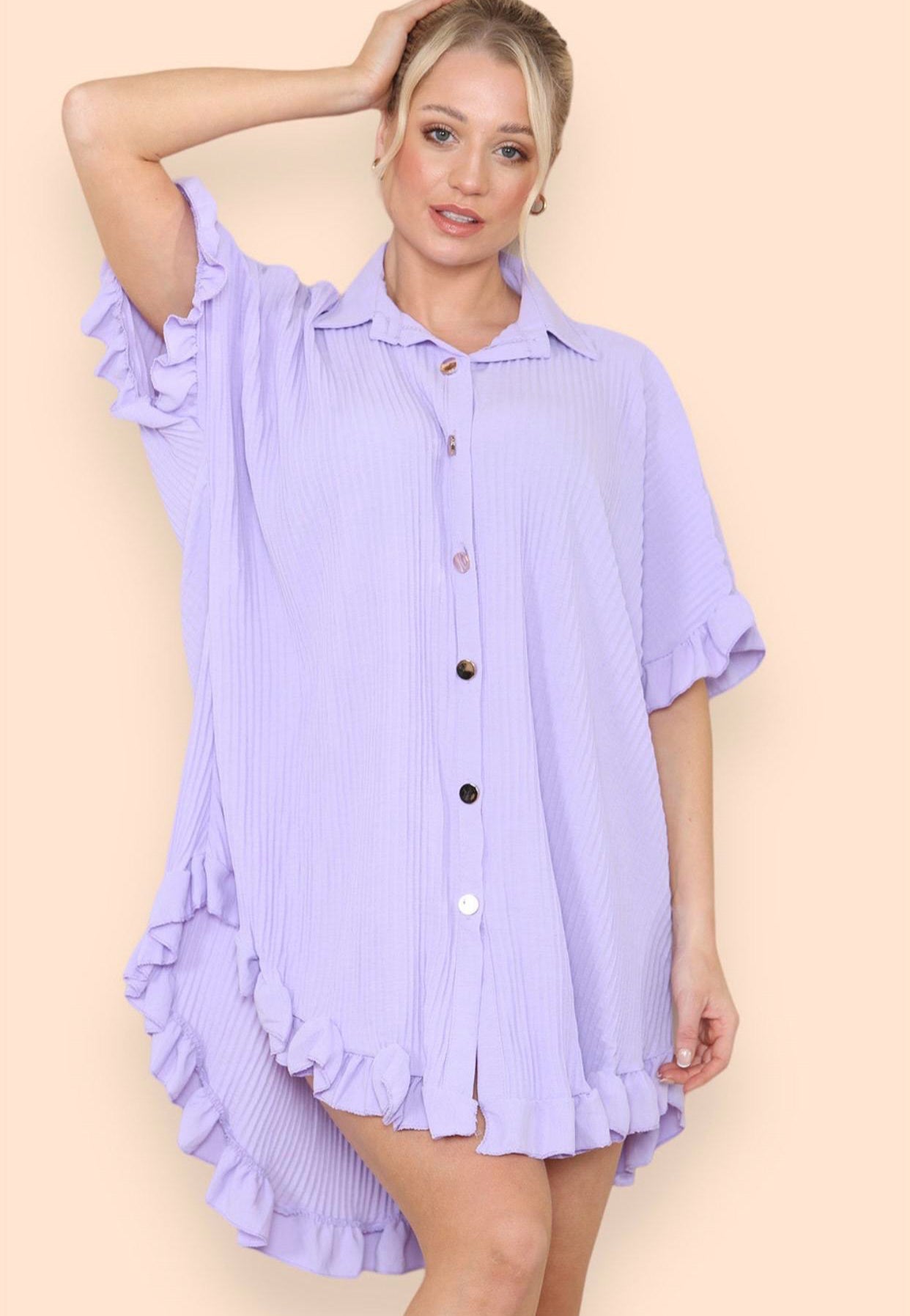Women's Shirt Dress Pleated Short Sleeve Loose Italian Buttons Plain Detail Summer