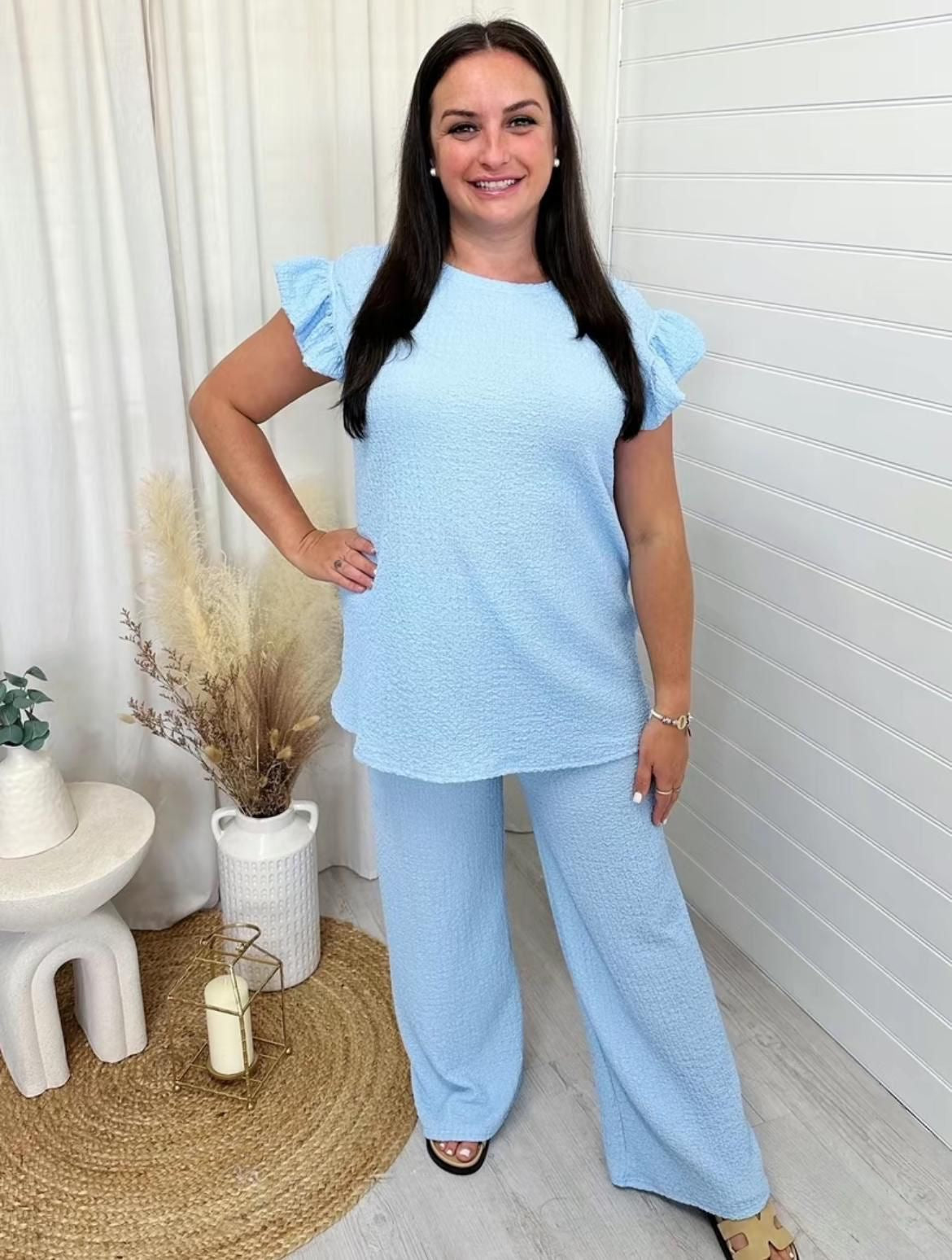 Womens Super-Soft Pop Corn Frill Short Sleeve Top and Loungewear Trouser Co Ord Set