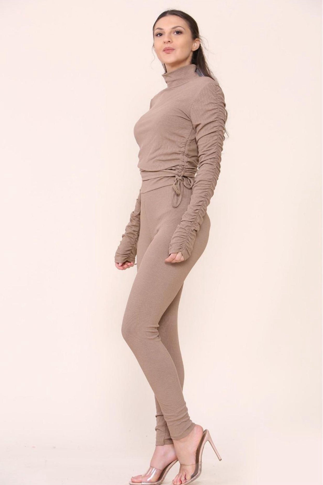 High Neck Ruched Side Arm Solid Drawstrings Ribbed Tee and Leggings set