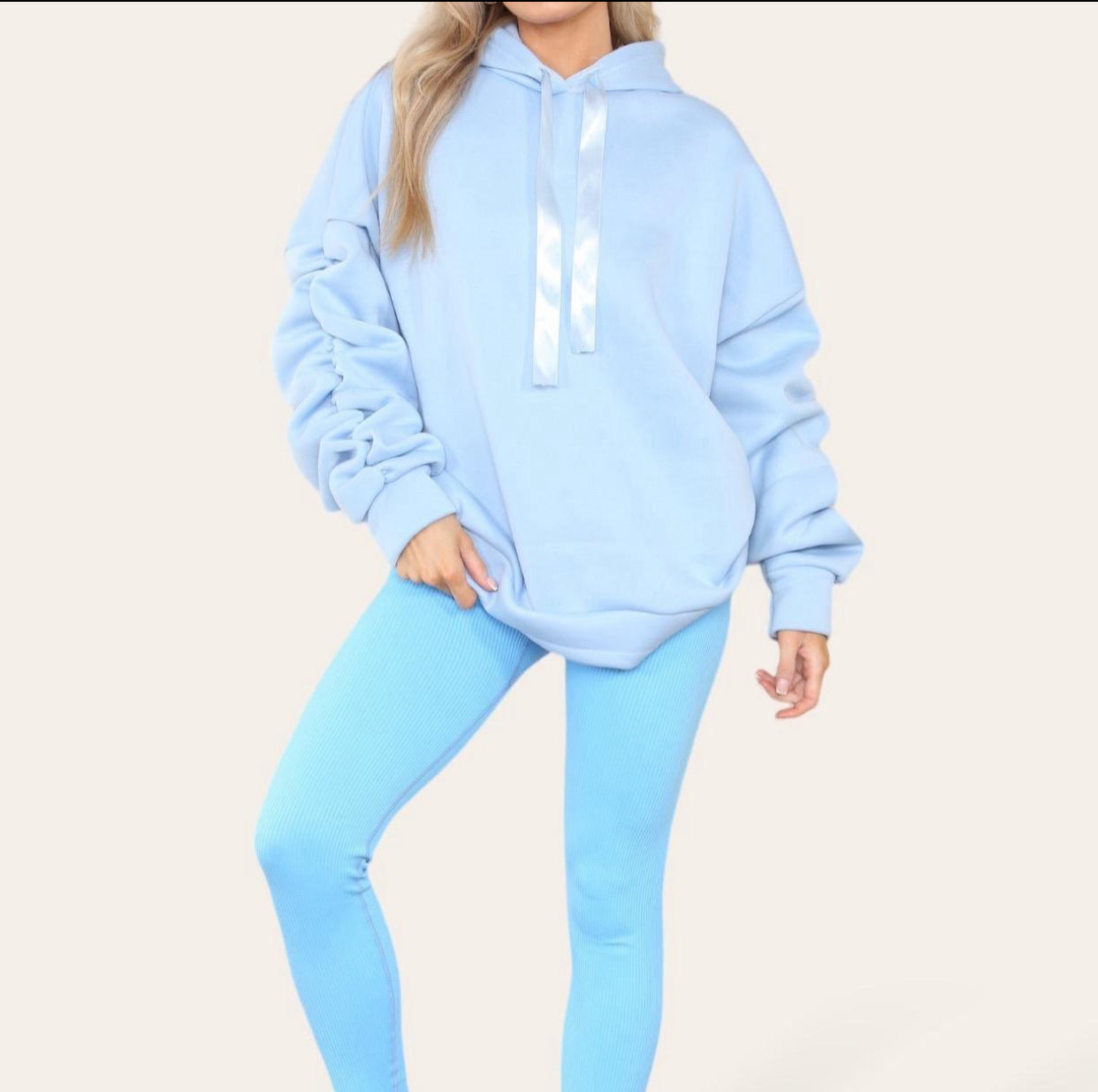 Oversized Ruched Sleeves Hoodie With Satin Ribbon with High Waist High Rise Seamless Ribbed Legging Set