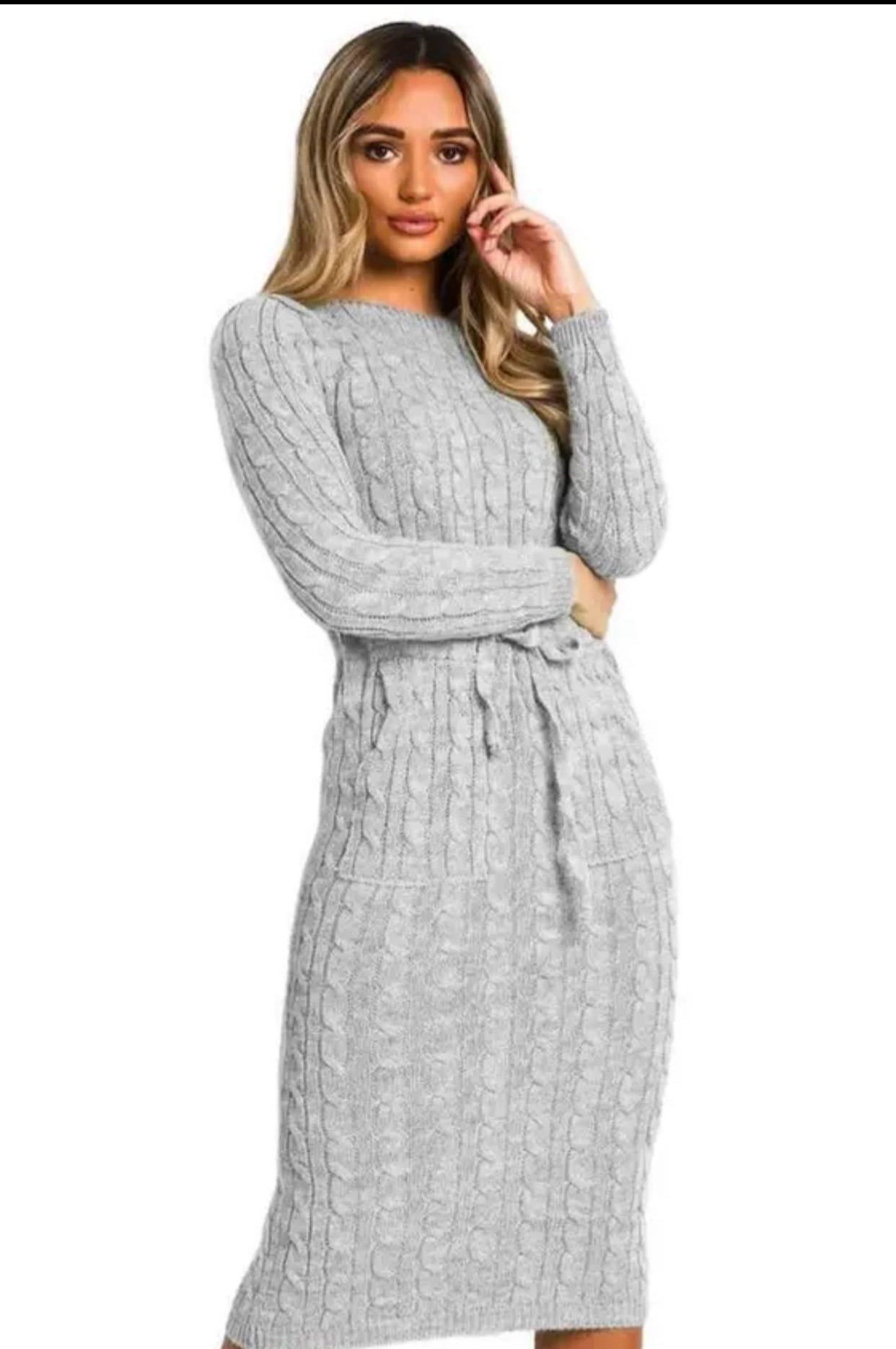 Women Ladies Cable Knitted Pocket Long Sleeve Tie Up Midi Party Jumper Dress Top Comfortable Womenswear Elegant
