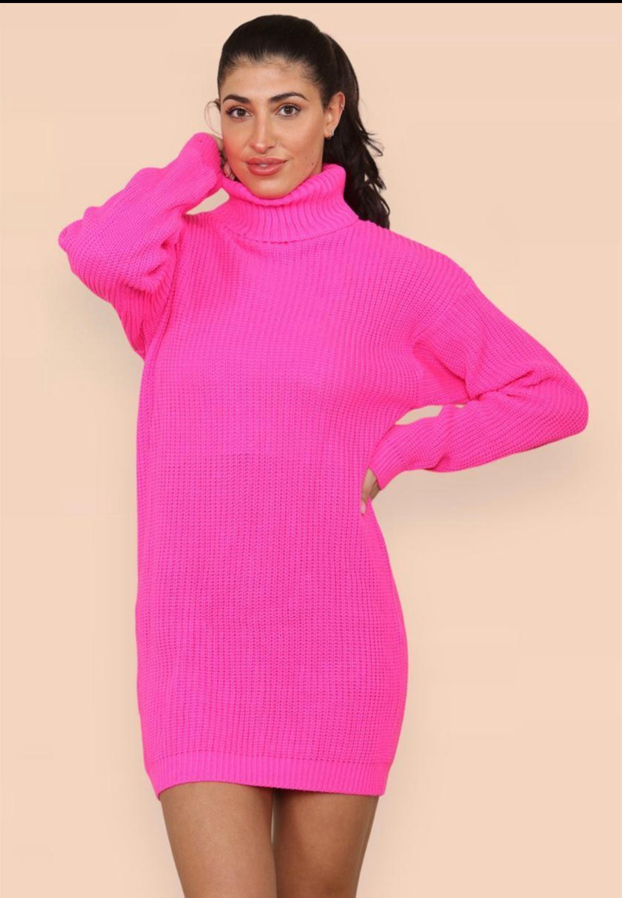 Womens Ladies Chunky Knitted High Polo Roll Over Neck Oversize Jumper Dress Womenswear