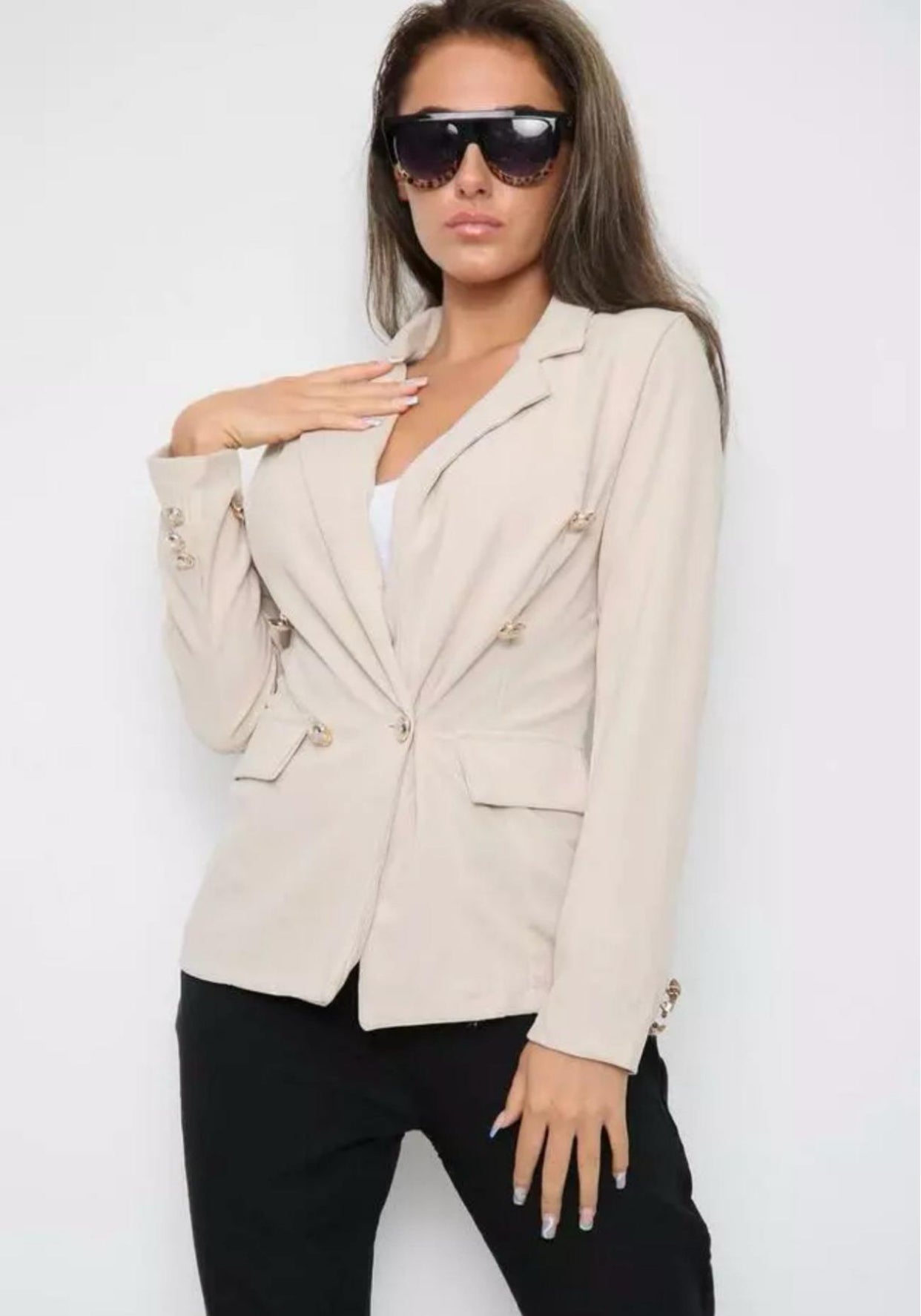 New Ladies Gold button stretch military style double breasted blazer jacket Womenswear