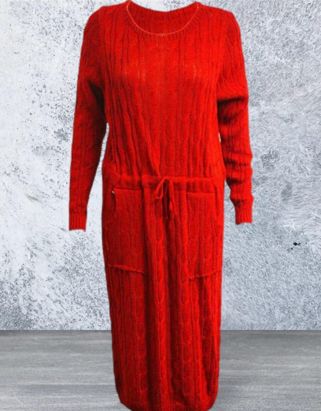 Women Ladies Cable Knitted Pocket Long Sleeve Tie Up Midi Party Jumper Dress Top Comfortable Womenswear Elegant