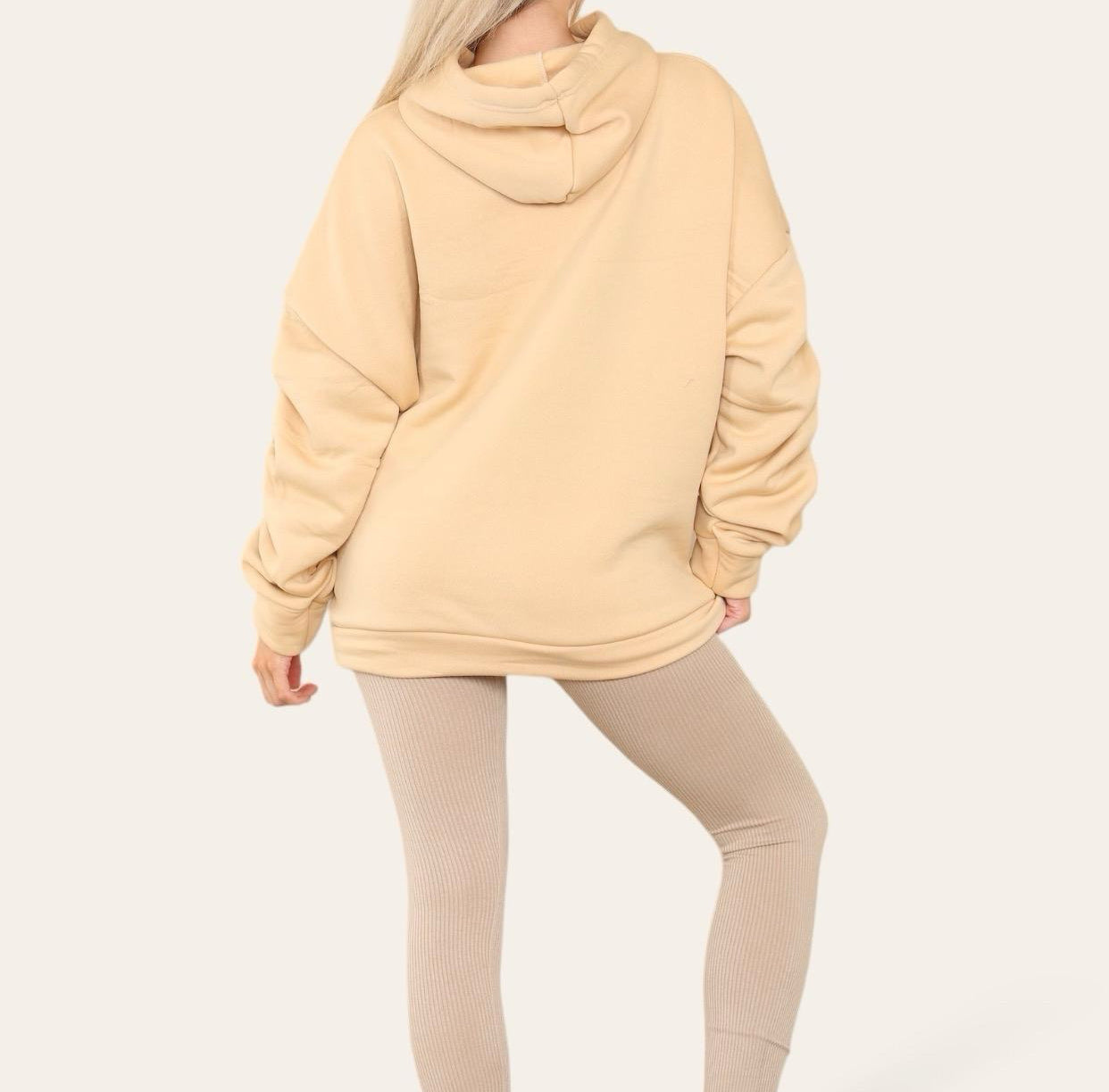 Oversized Ruched Sleeves Hoodie With Satin Ribbon with High Waist High Rise Seamless Ribbed Legging Set