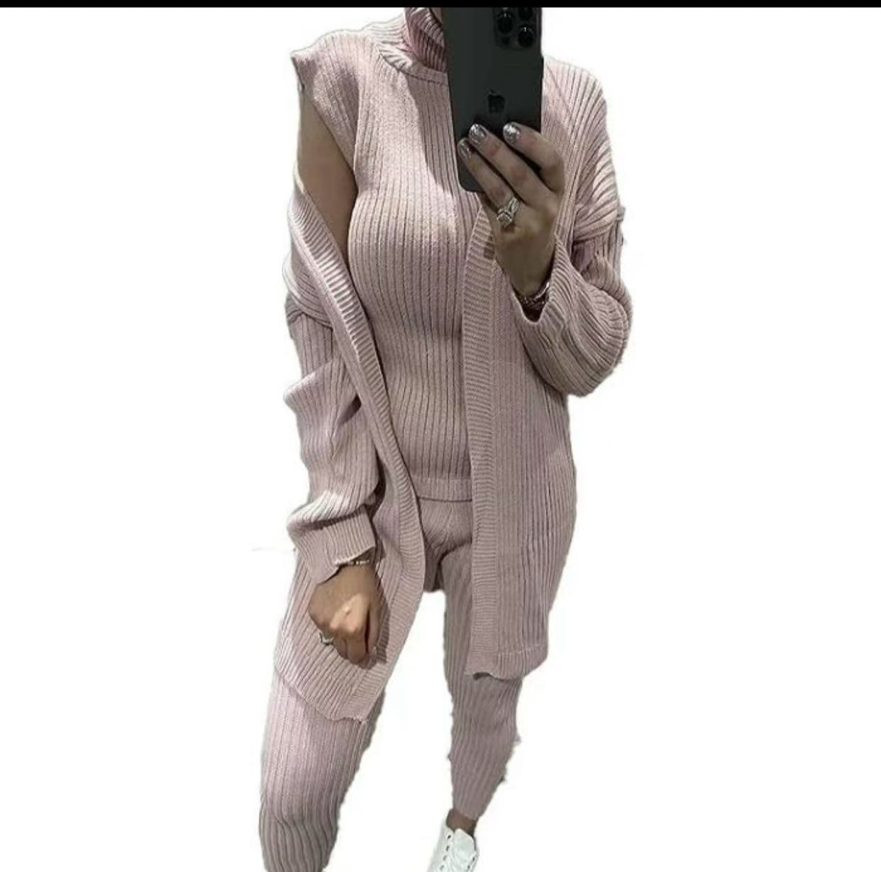 Women's Ladies Long Sleeve Knit 3 Piece Roll Neck Knitted Top Open Cardigan Set Suit Womenswear