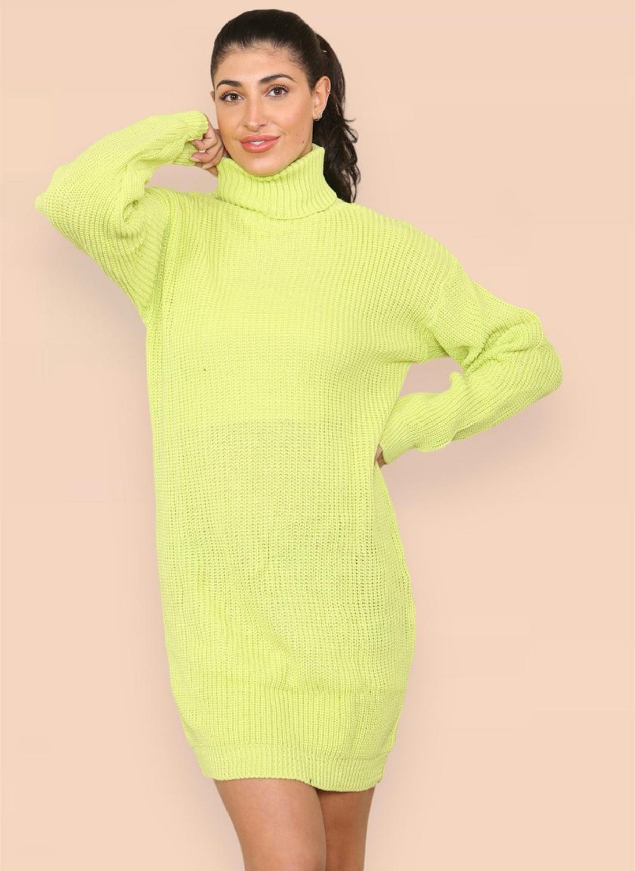 Womens Ladies Chunky Knitted High Polo Roll Over Neck Oversize Jumper Dress Womenswear