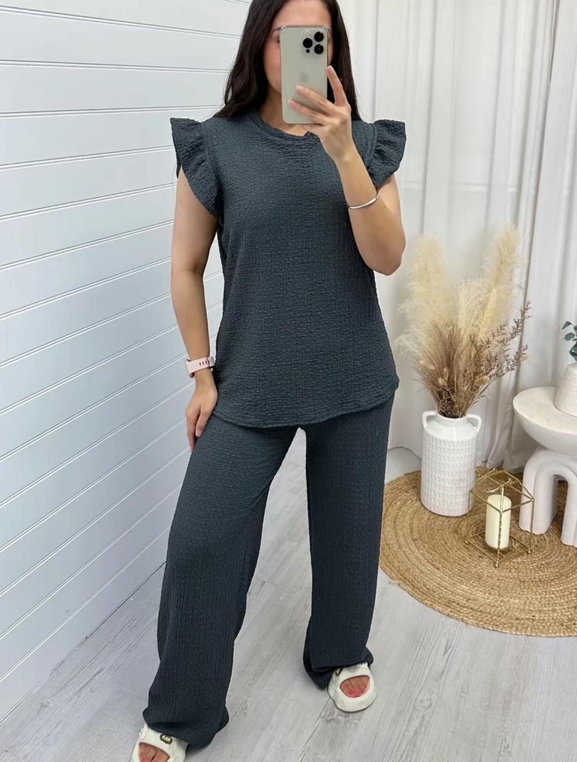 Womens Super-Soft Pop Corn Frill Short Sleeve Top and Loungewear Trouser Co Ord Set