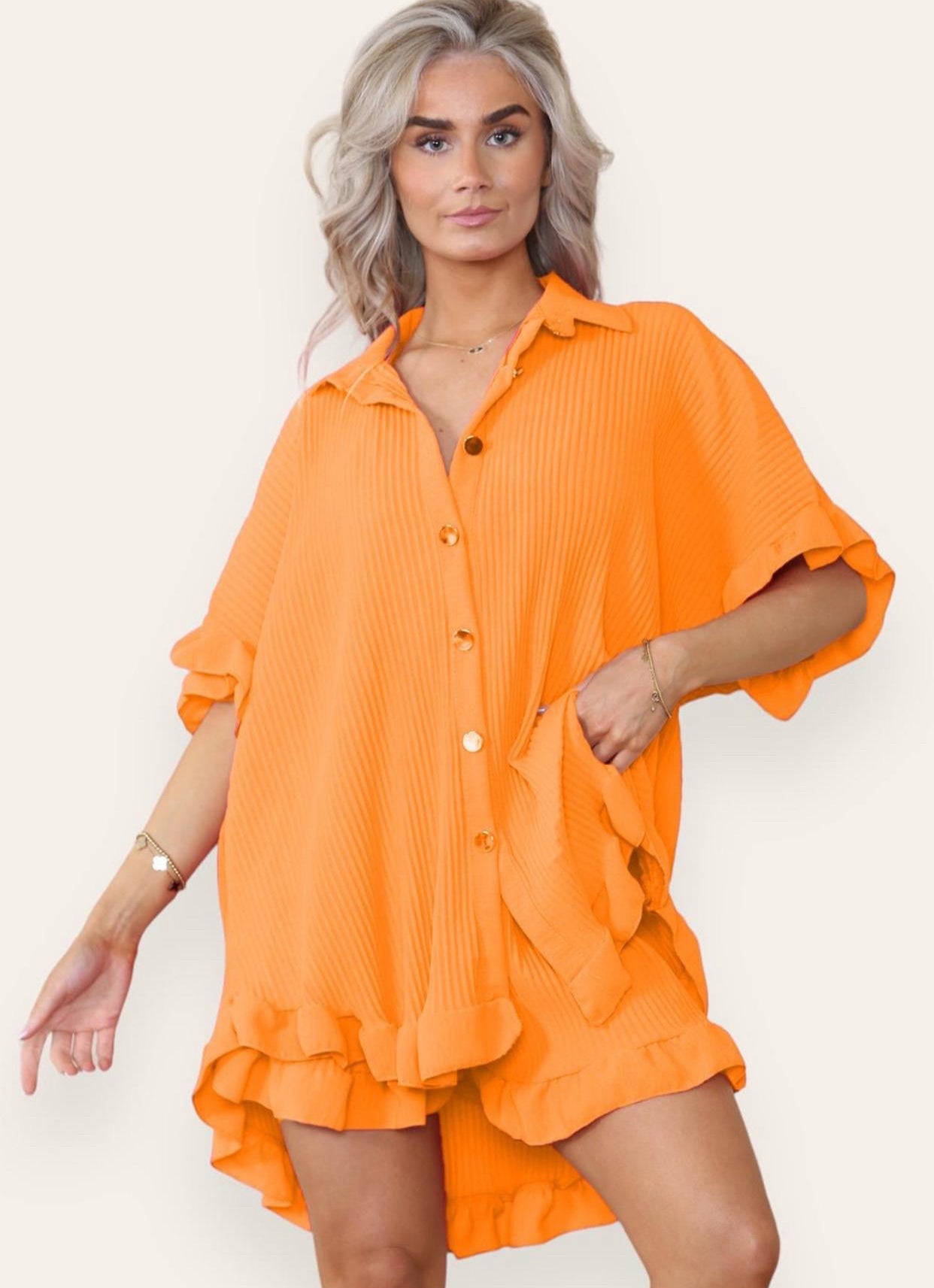 Womens Gold Button Pleated Dress Ladies Frill Collared Shirt Shorts Co ord Set Womenswear