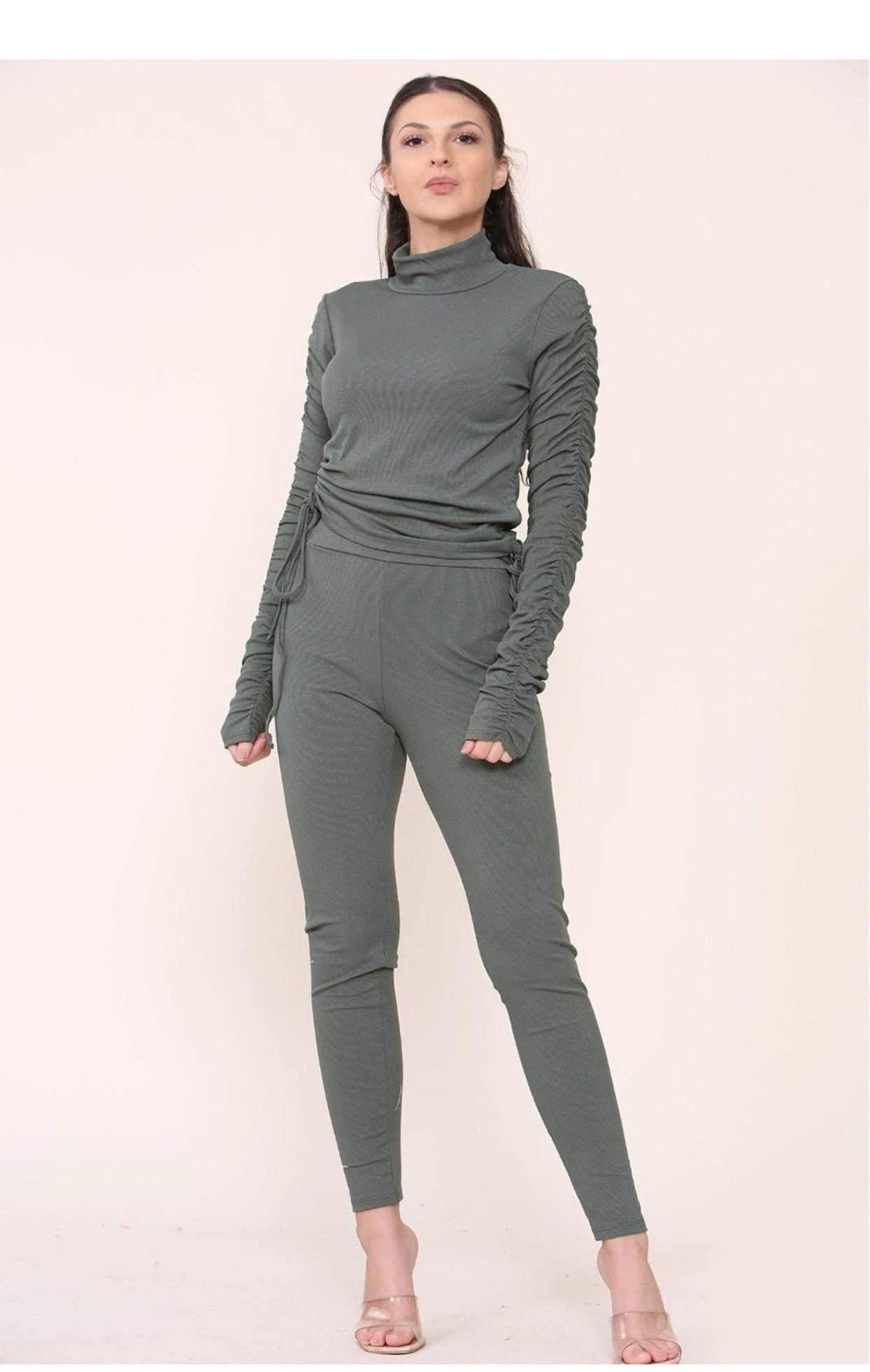 High Neck Ruched Side Arm Solid Drawstrings Ribbed Tee and Leggings set