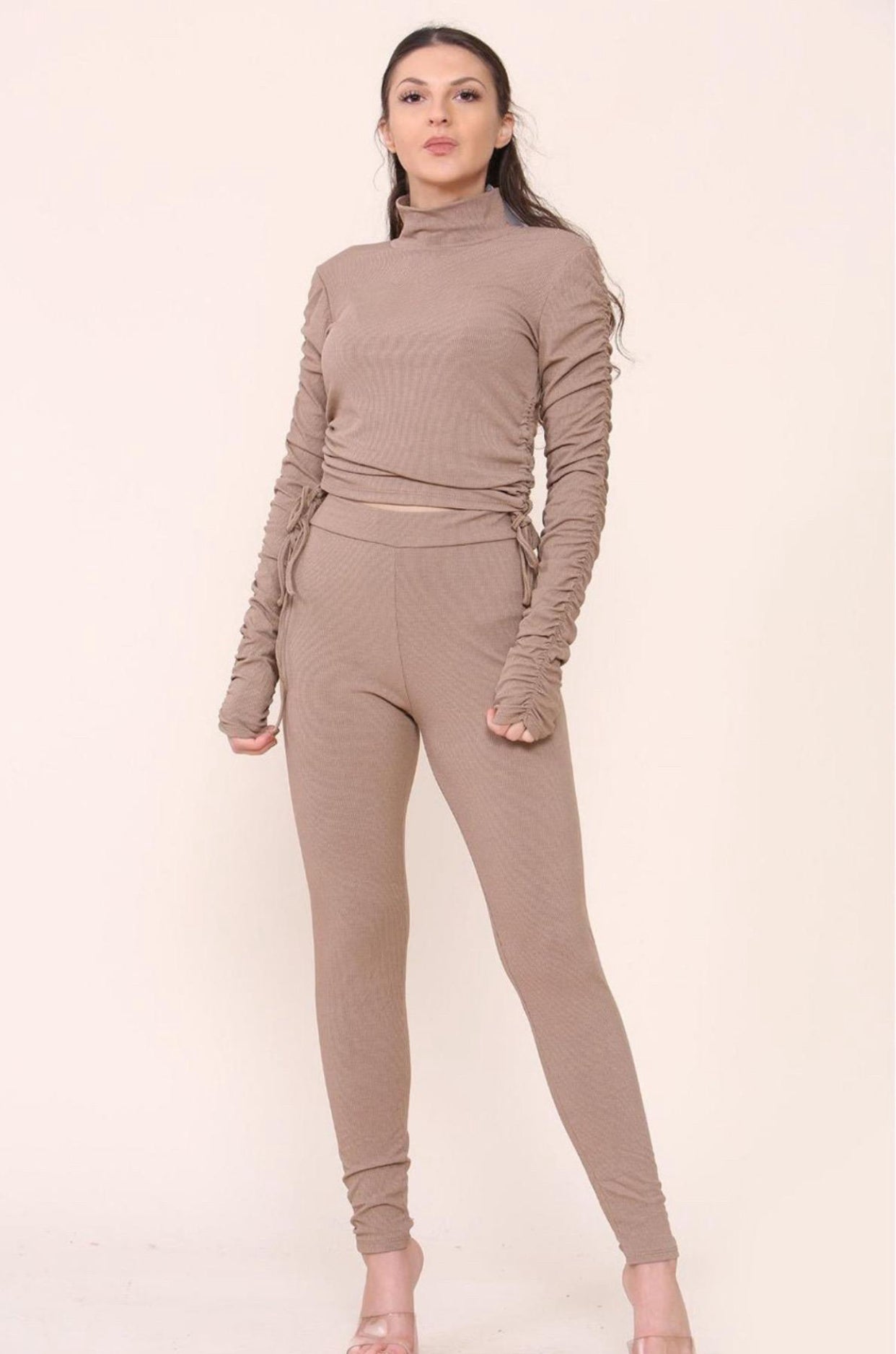 High Neck Ruched Side Arm Solid Drawstrings Ribbed Tee and Leggings set