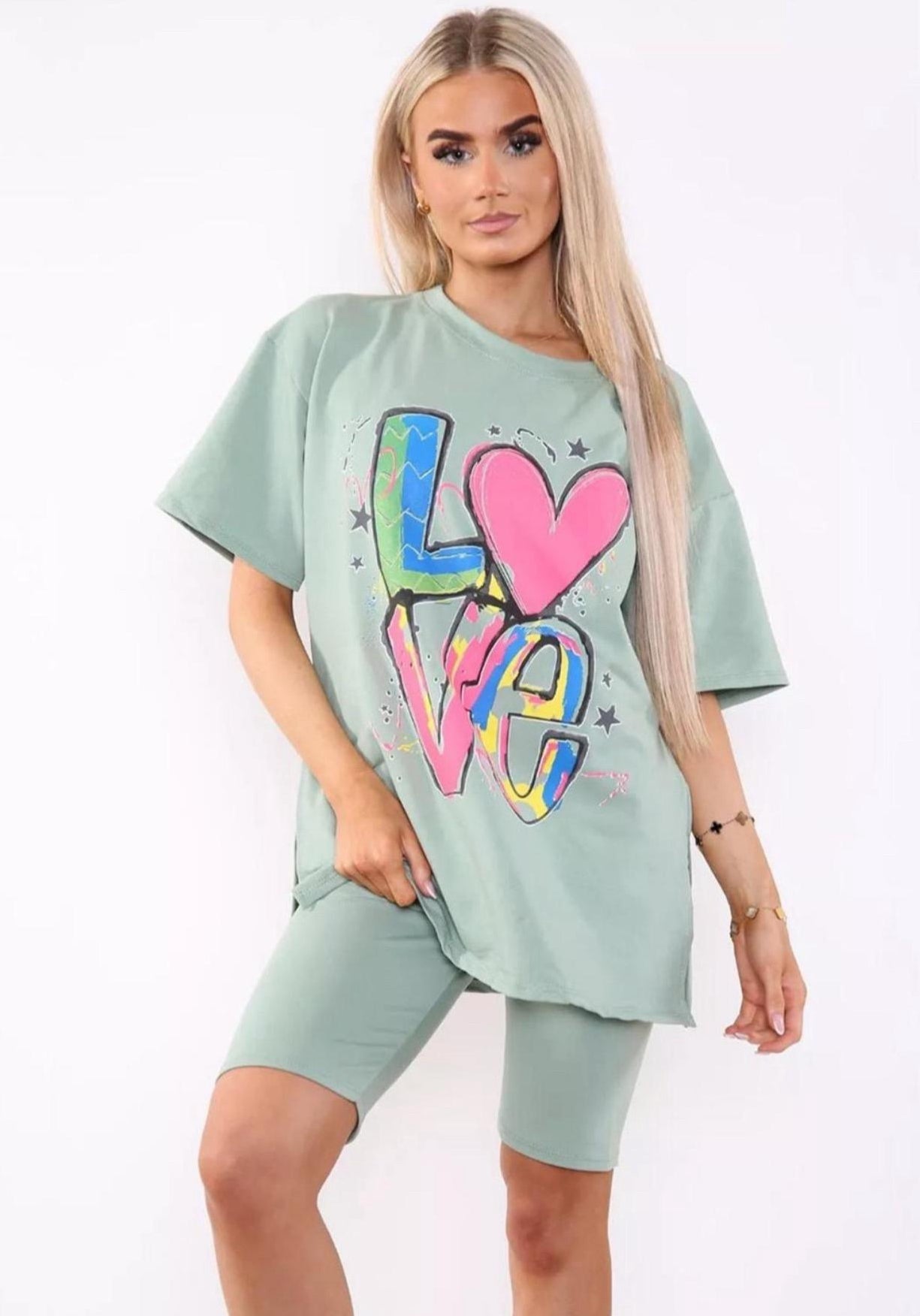 Love Side Slit Cycling Short and T-Shirts Co-Ord Two Piece Set with Front Love Slogan